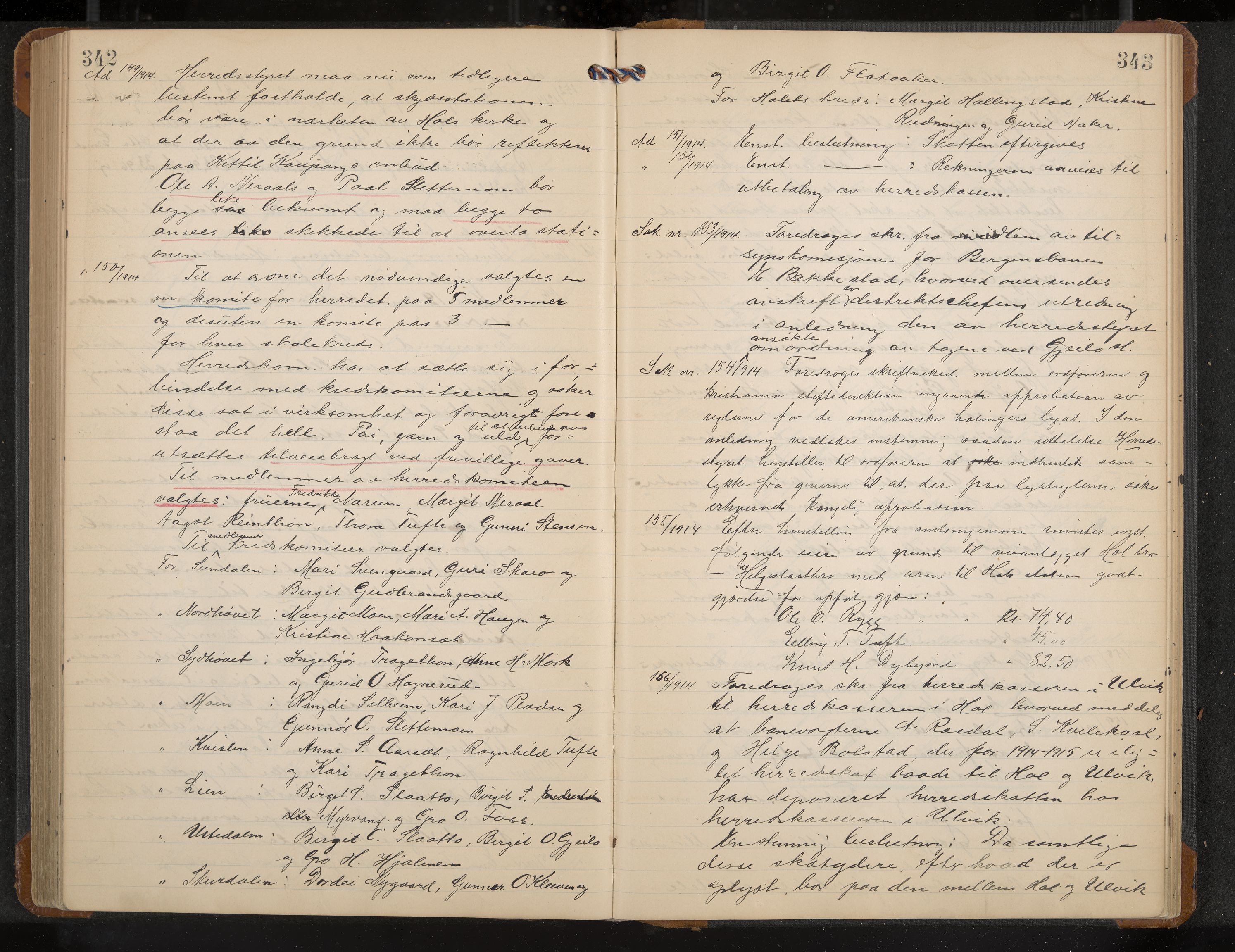 Hol formannskap og sentraladministrasjon, IKAK/0620021-1/A/L0005: Møtebok, 1909-1915, p. 342-343