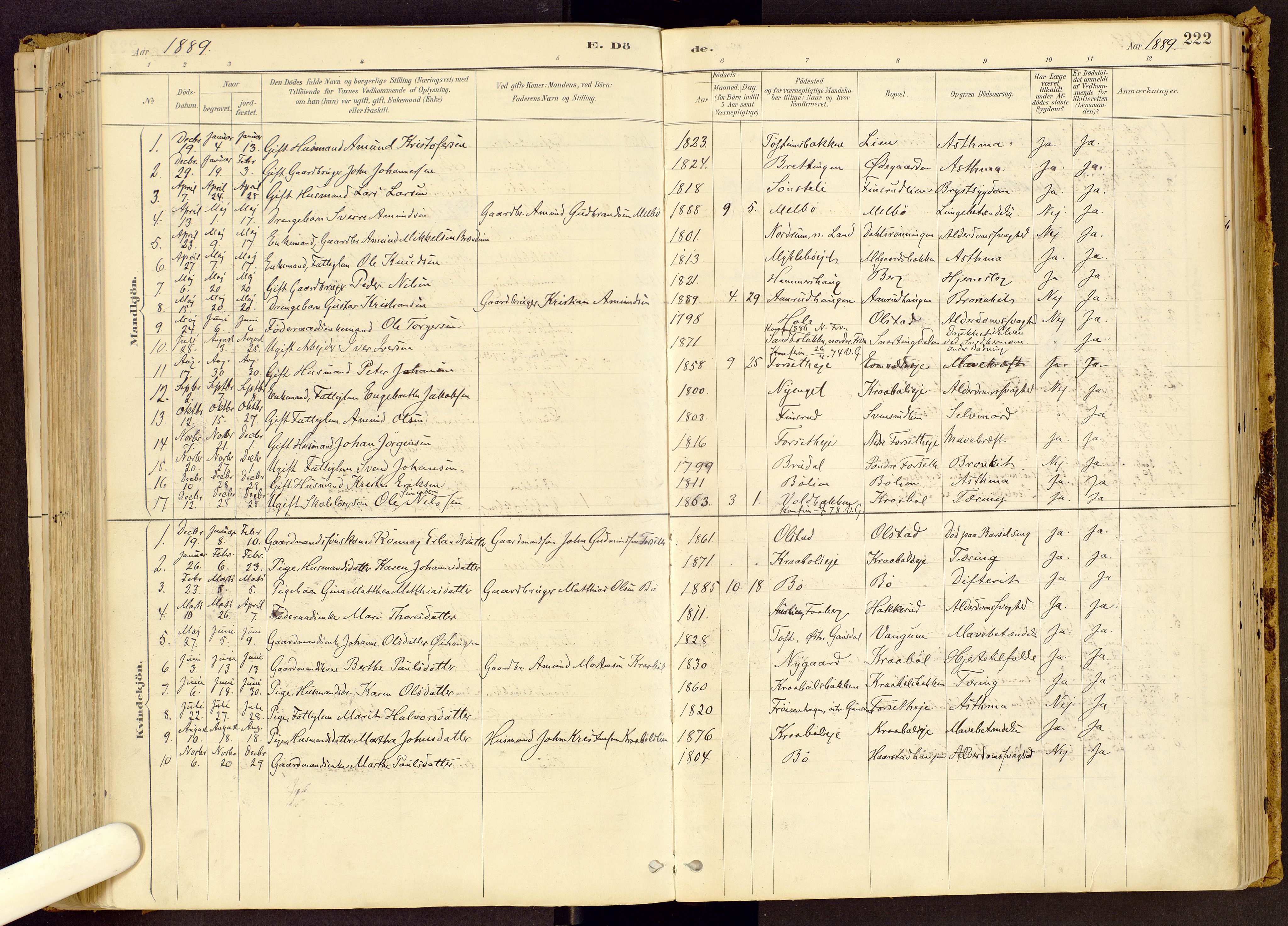 Vestre Gausdal prestekontor, SAH/PREST-094/H/Ha/Haa/L0001: Parish register (official) no. 1, 1887-1914, p. 222