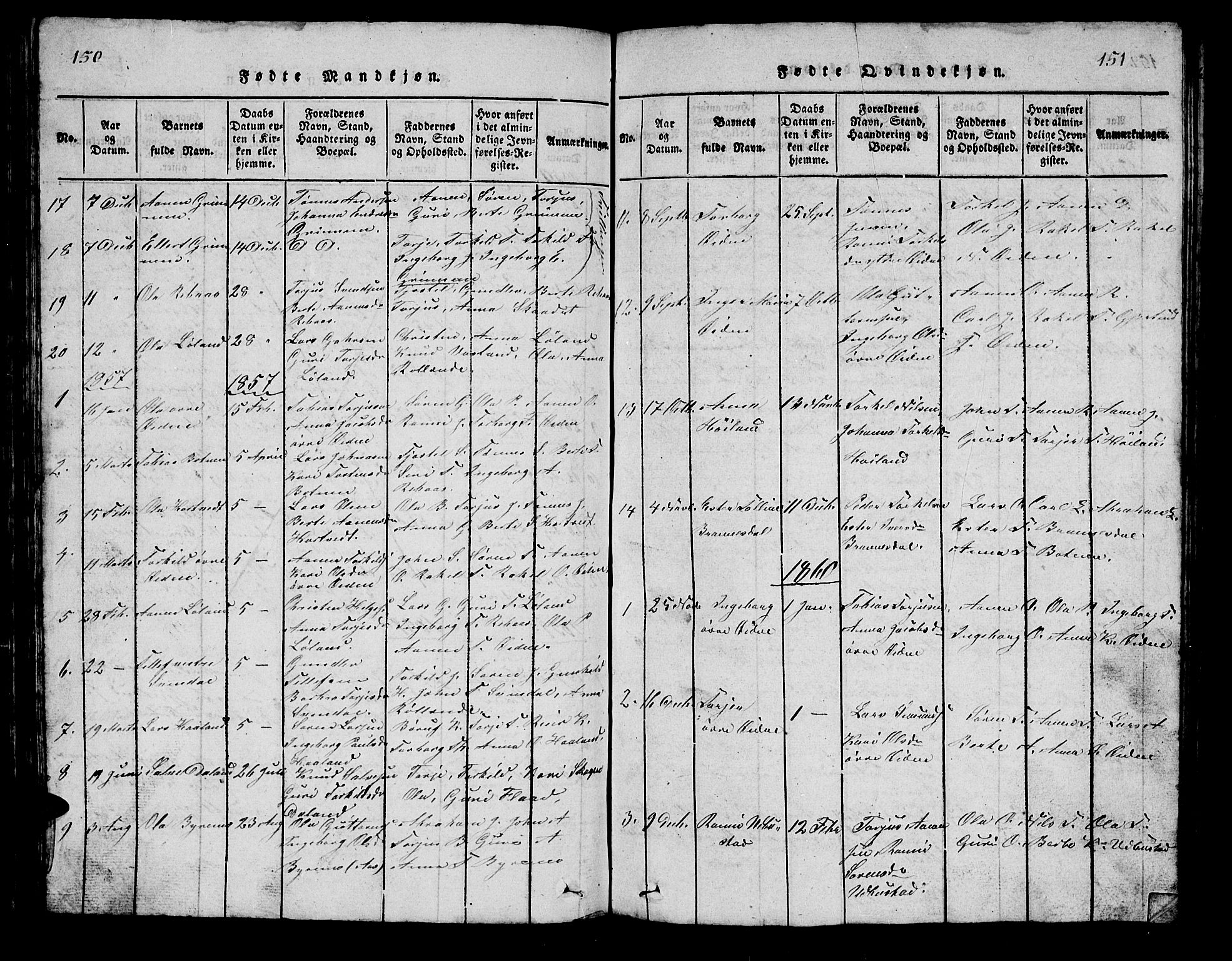 Bjelland sokneprestkontor, SAK/1111-0005/F/Fb/Fbc/L0001: Parish register (copy) no. B 1, 1815-1870, p. 150-151