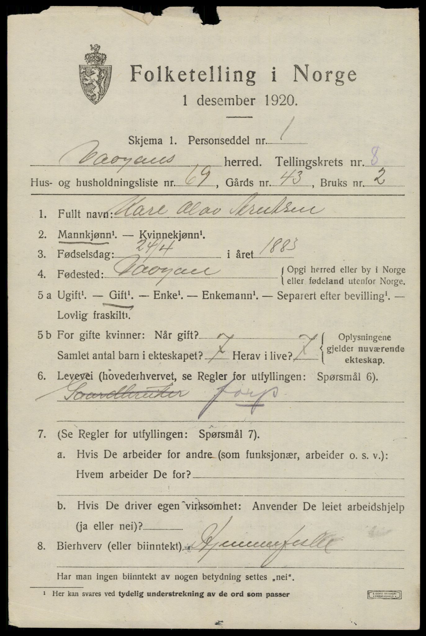 SAT, 1920 census for Vågan, 1920, p. 7955