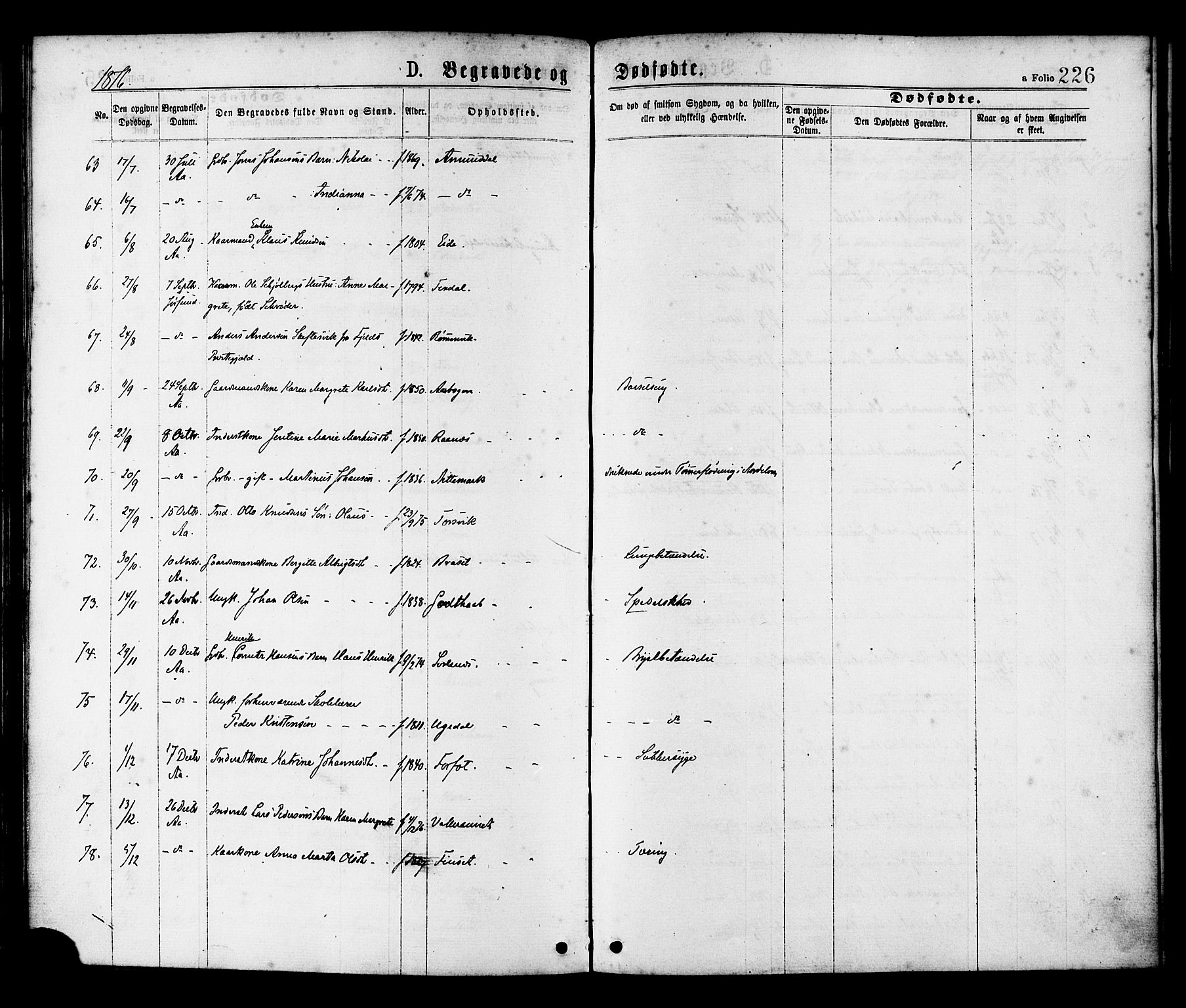 Ministerialprotokoller, klokkerbøker og fødselsregistre - Sør-Trøndelag, AV/SAT-A-1456/655/L0679: Parish register (official) no. 655A08, 1873-1879, p. 226