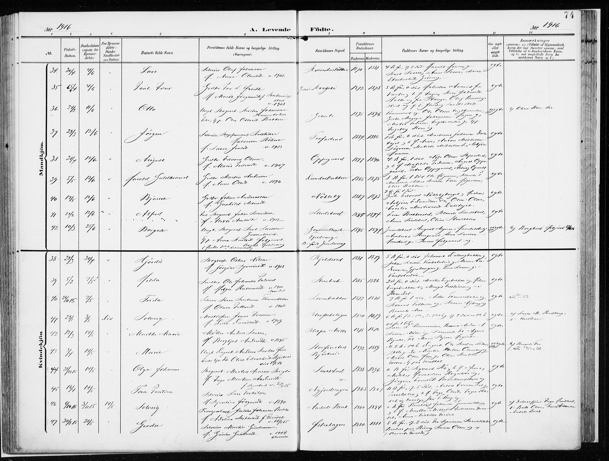 Løten prestekontor, AV/SAH-PREST-022/K/Ka/L0011: Parish register (official) no. 11, 1908-1917, p. 74