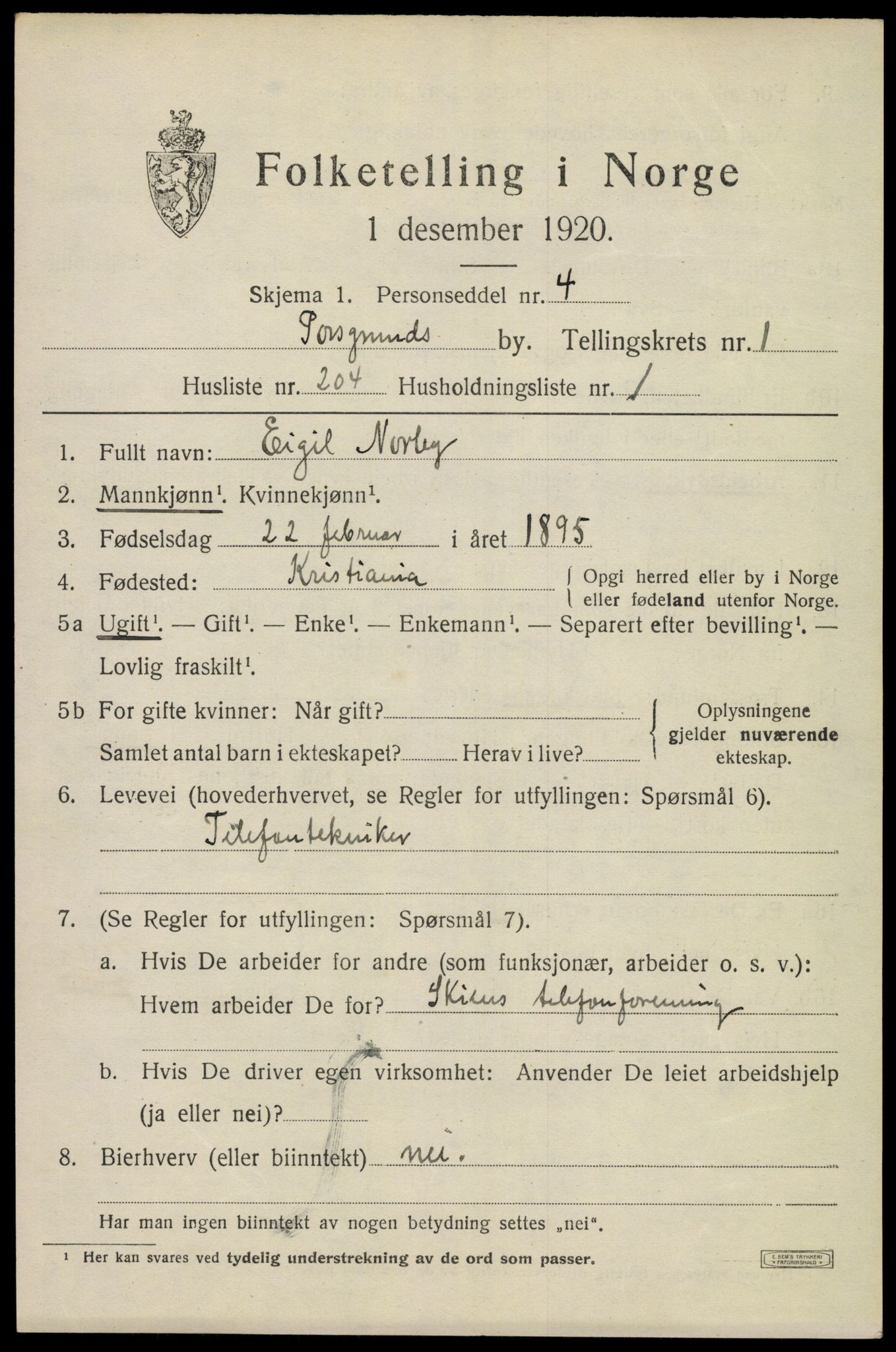 SAKO, 1920 census for Porsgrunn, 1920, p. 9455