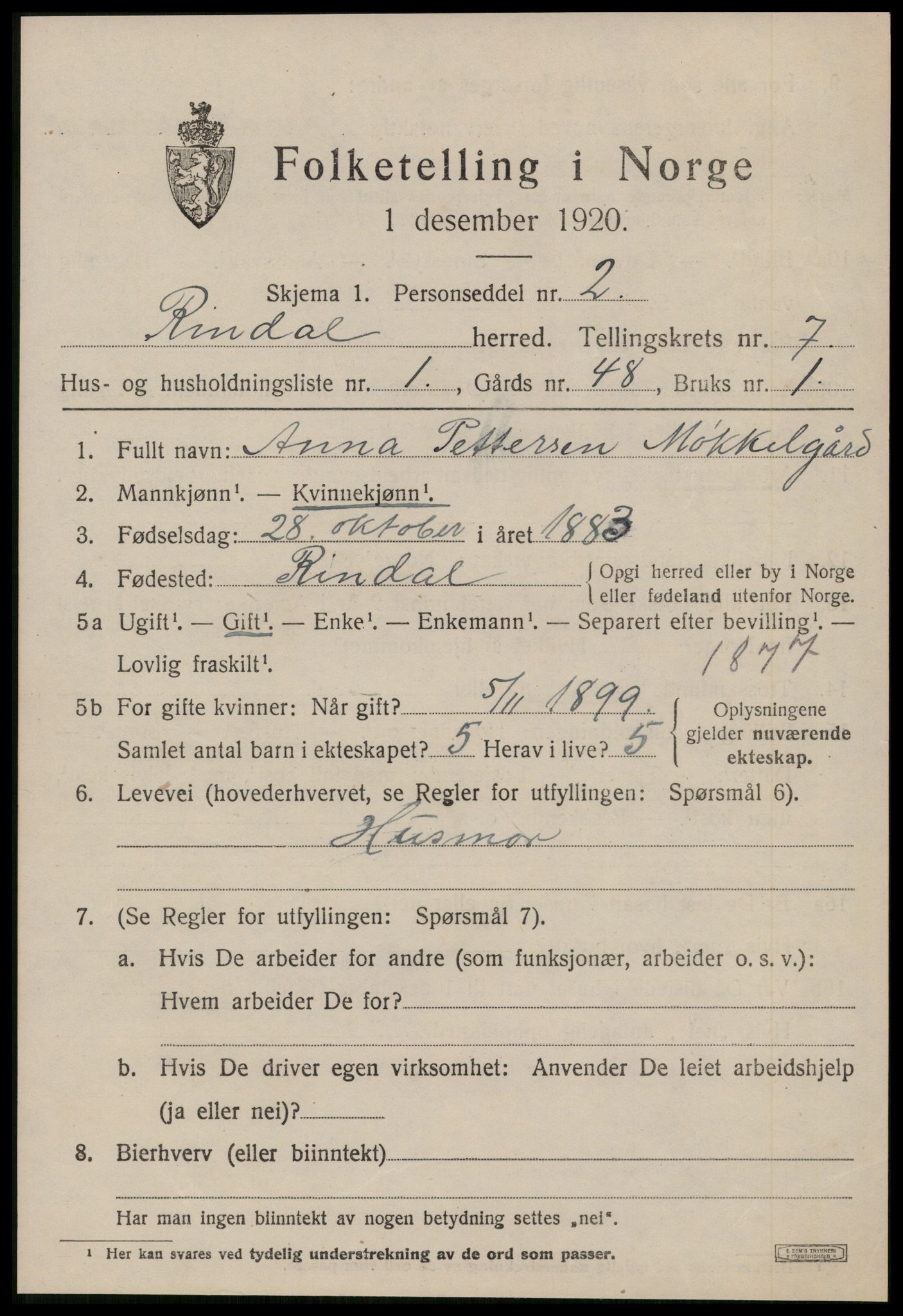 SAT, 1920 census for Rindal, 1920, p. 3542