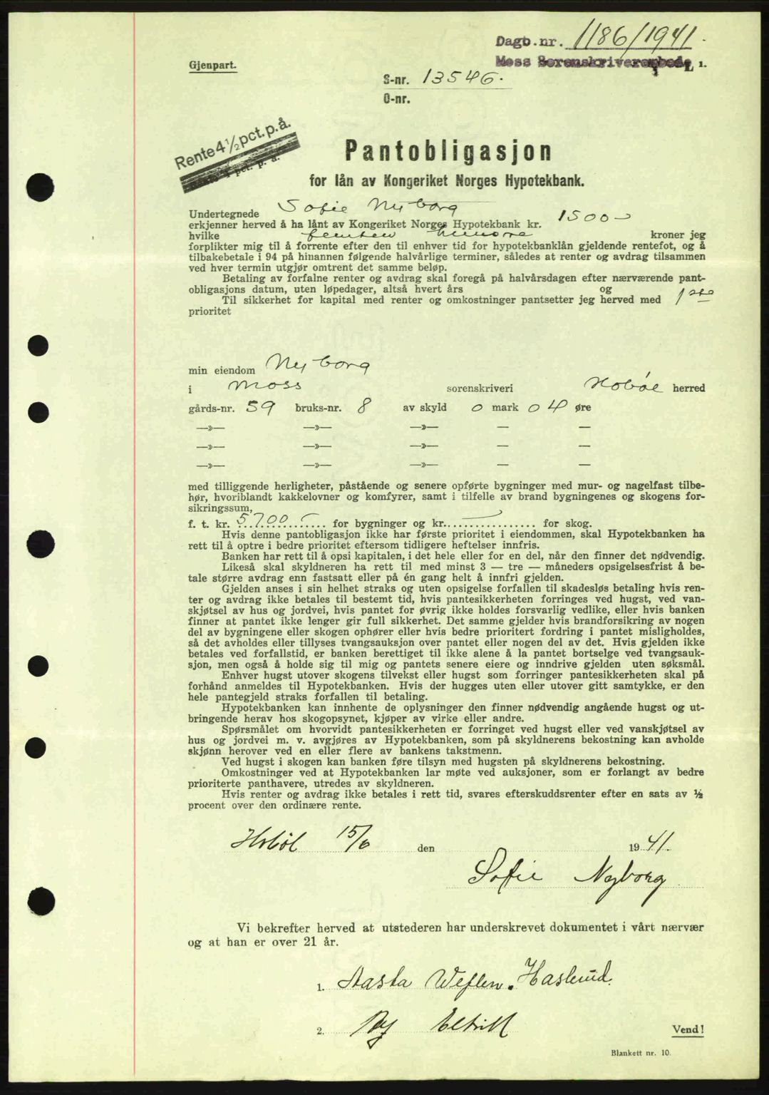 Moss sorenskriveri, SAO/A-10168: Mortgage book no. B10, 1940-1941, Diary no: : 1186/1941