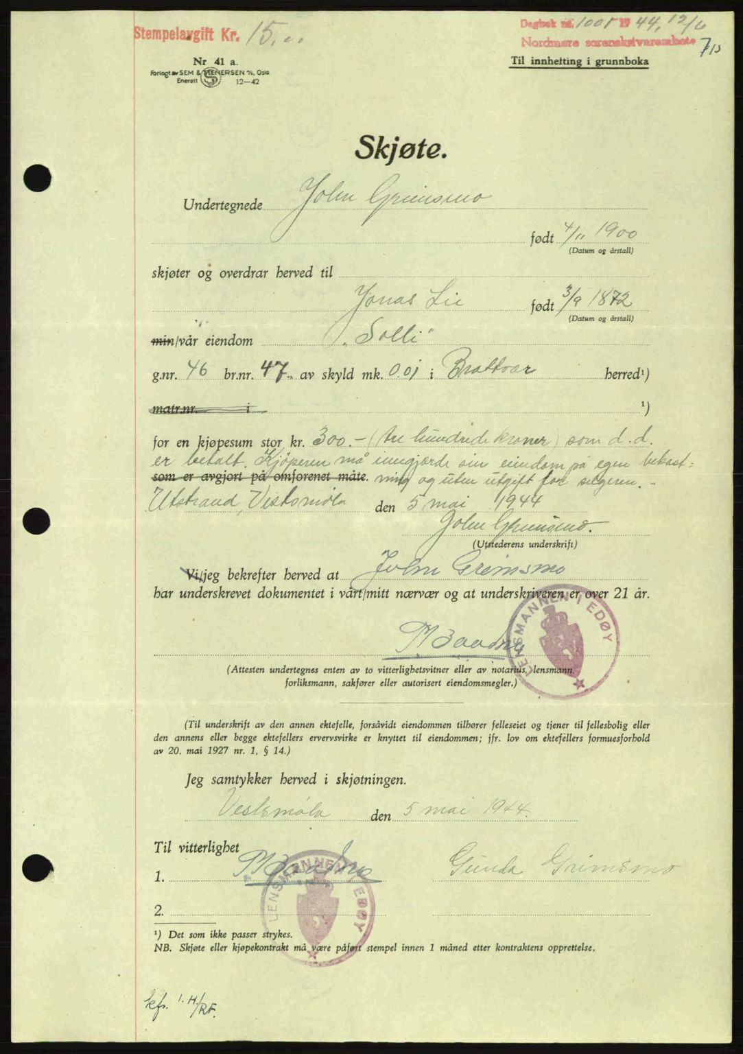 Nordmøre sorenskriveri, AV/SAT-A-4132/1/2/2Ca: Mortgage book no. A97, 1944-1944, Diary no: : 1001/1944