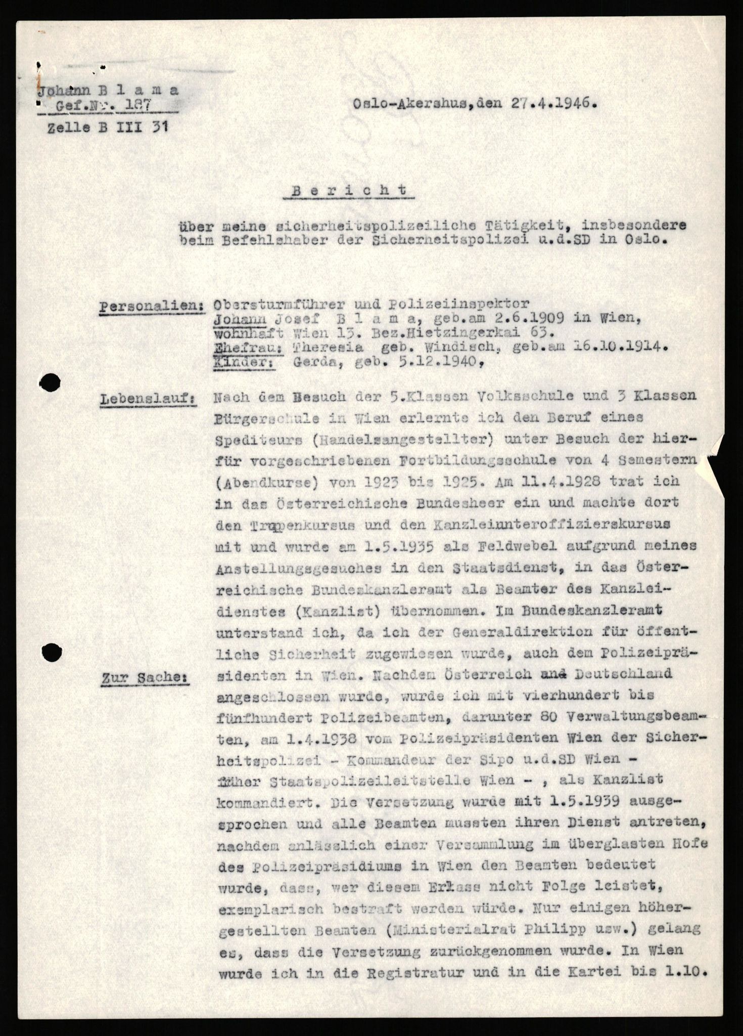 Forsvaret, Forsvarets overkommando II, RA/RAFA-3915/D/Db/L0038: CI Questionaires. Tyske okkupasjonsstyrker i Norge. Østerrikere., 1945-1946, p. 101