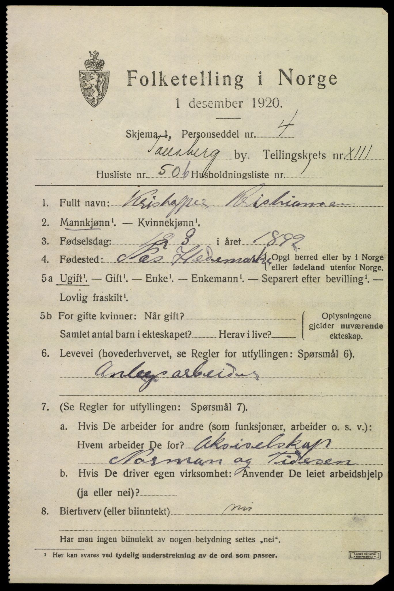 SAKO, 1920 census for Tønsberg, 1920, p. 22401