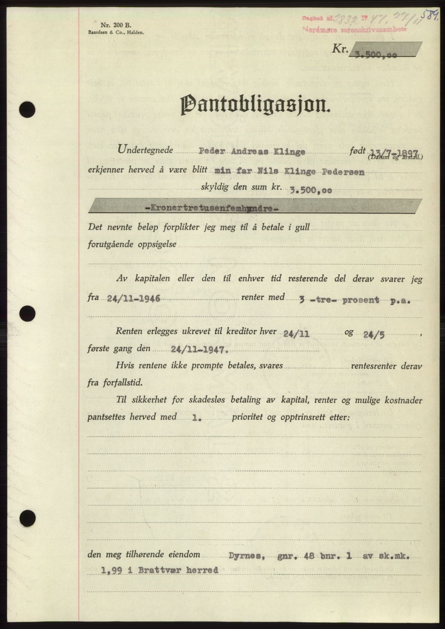 Nordmøre sorenskriveri, AV/SAT-A-4132/1/2/2Ca: Mortgage book no. B97, 1947-1948, Diary no: : 2832/1947