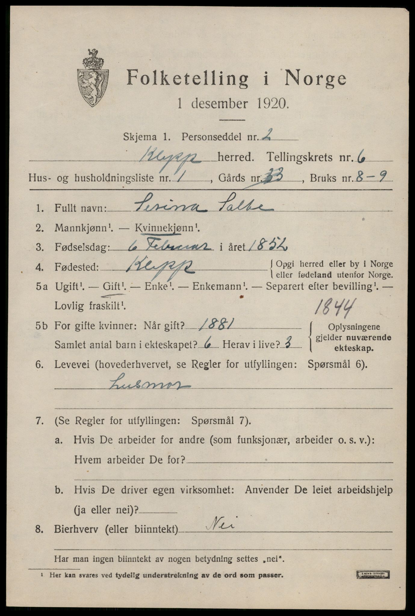 SAST, 1920 census for Klepp, 1920, p. 6018