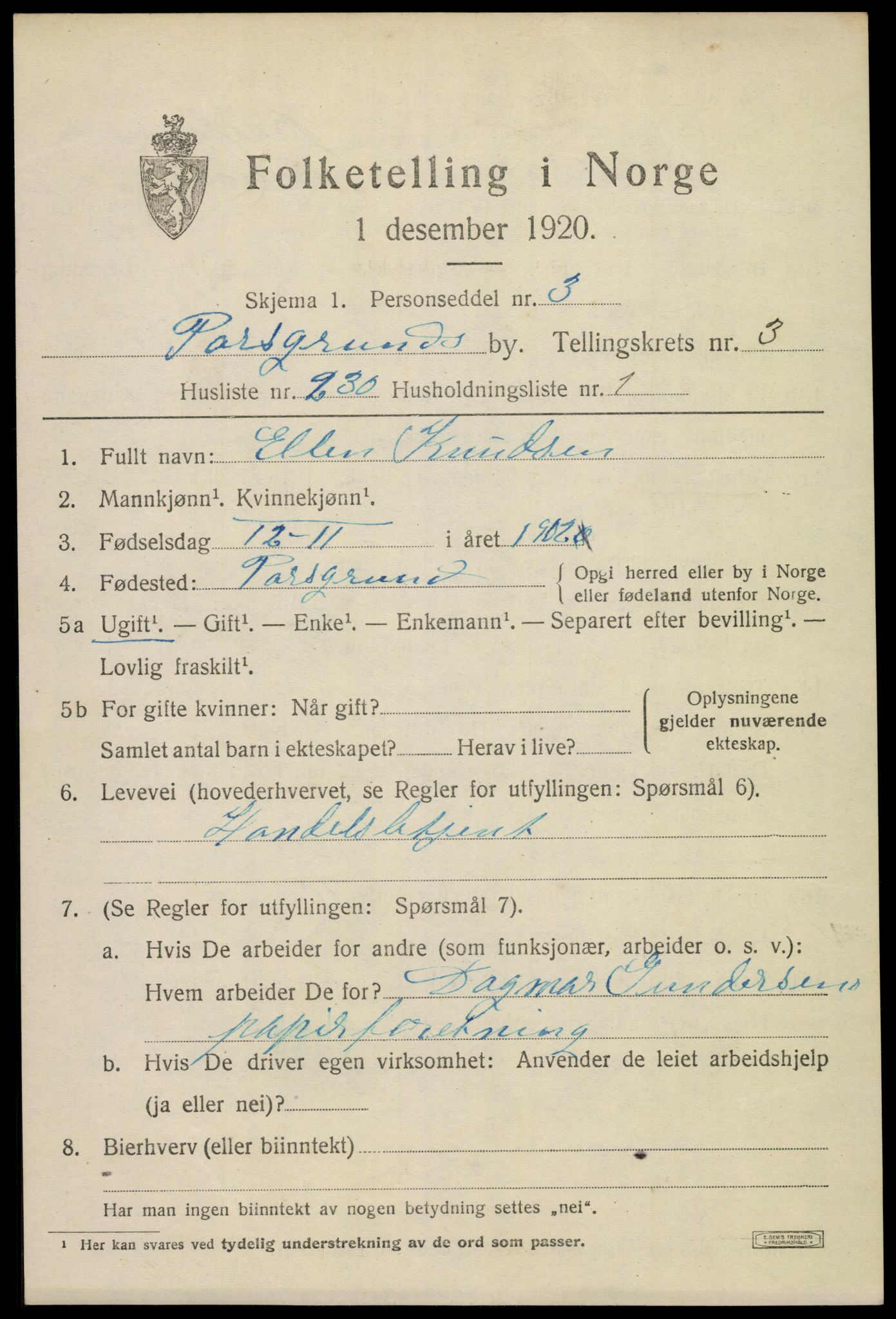 SAKO, 1920 census for Porsgrunn, 1920, p. 17335