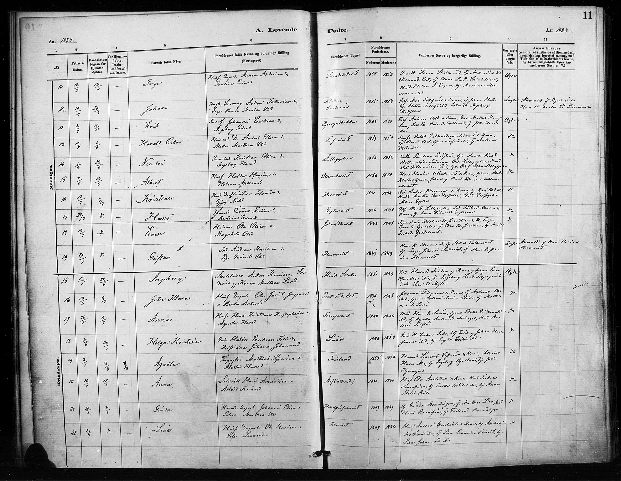 Nordre Land prestekontor, SAH/PREST-124/H/Ha/Haa/L0004: Parish register (official) no. 4, 1882-1896, p. 11