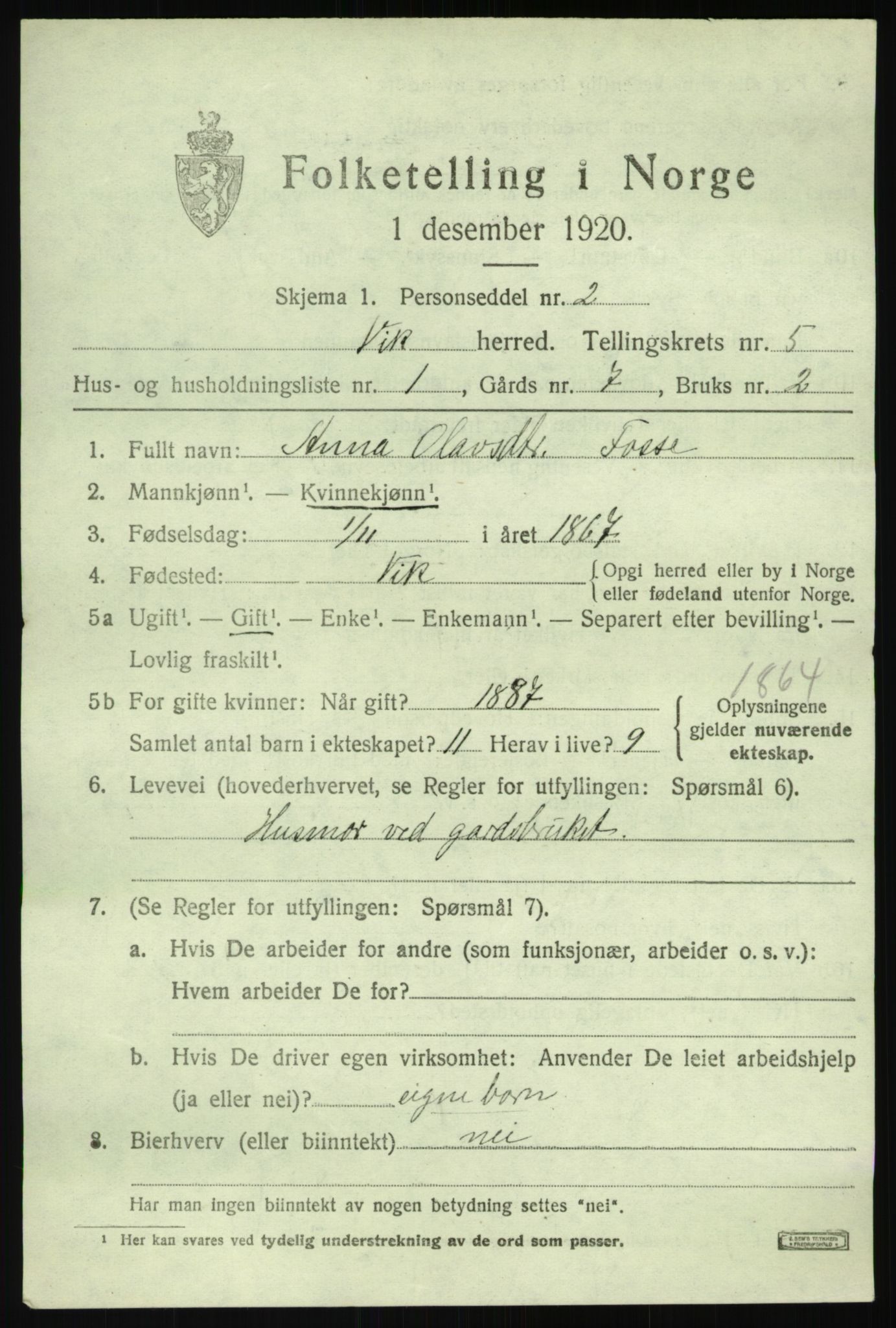 SAB, 1920 census for Vik, 1920, p. 3935