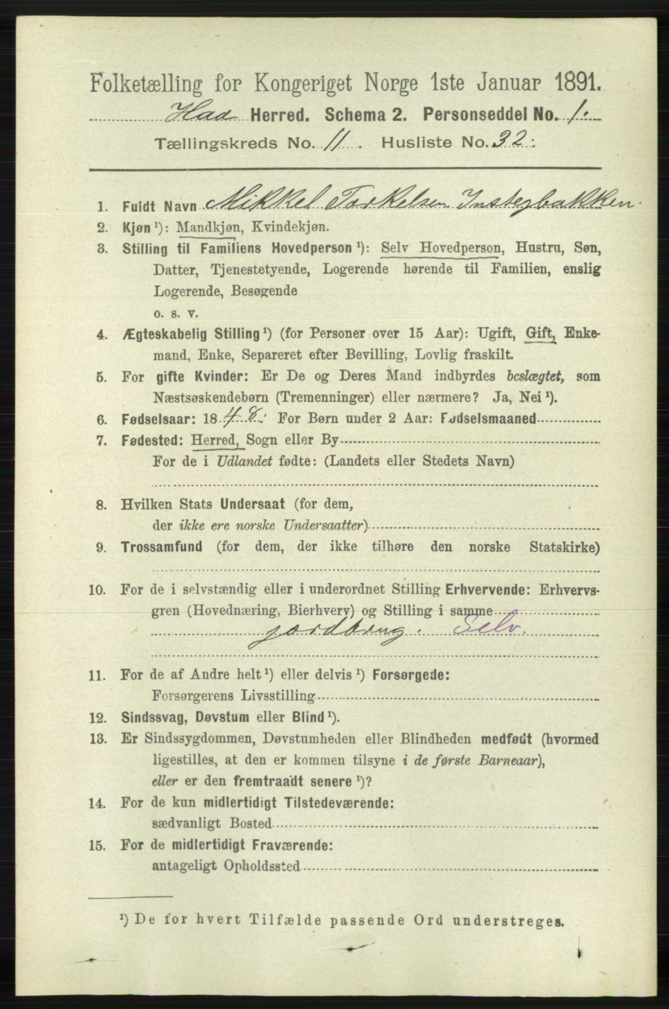 RA, 1891 census for 1119 Hå, 1891, p. 2824