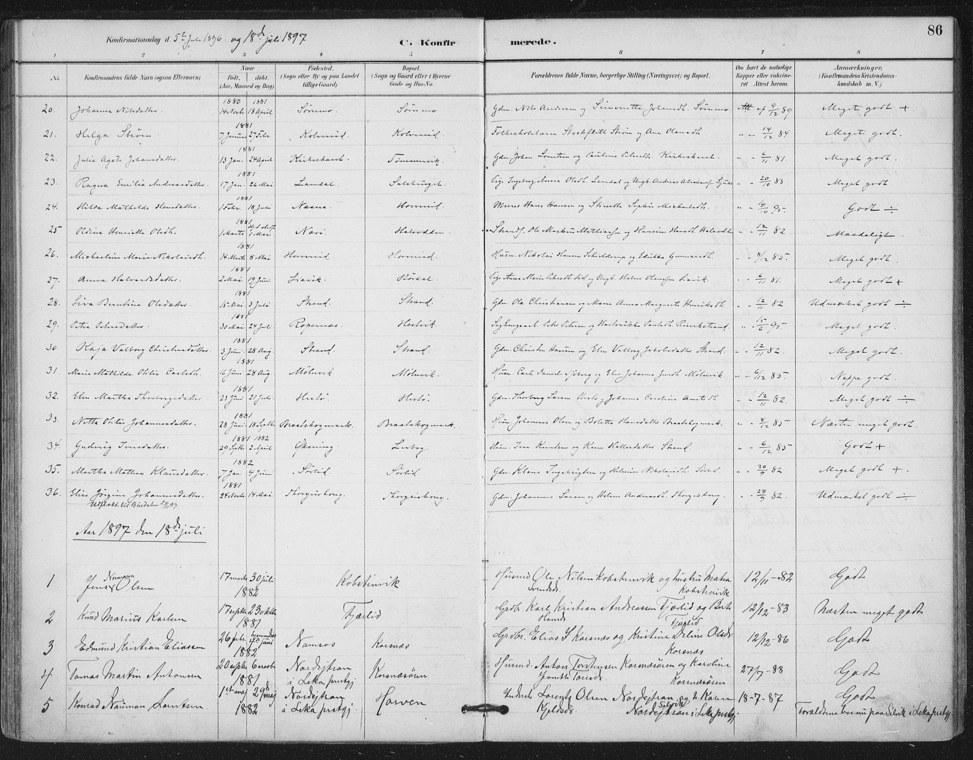 Ministerialprotokoller, klokkerbøker og fødselsregistre - Nord-Trøndelag, SAT/A-1458/780/L0644: Parish register (official) no. 780A08, 1886-1903, p. 86