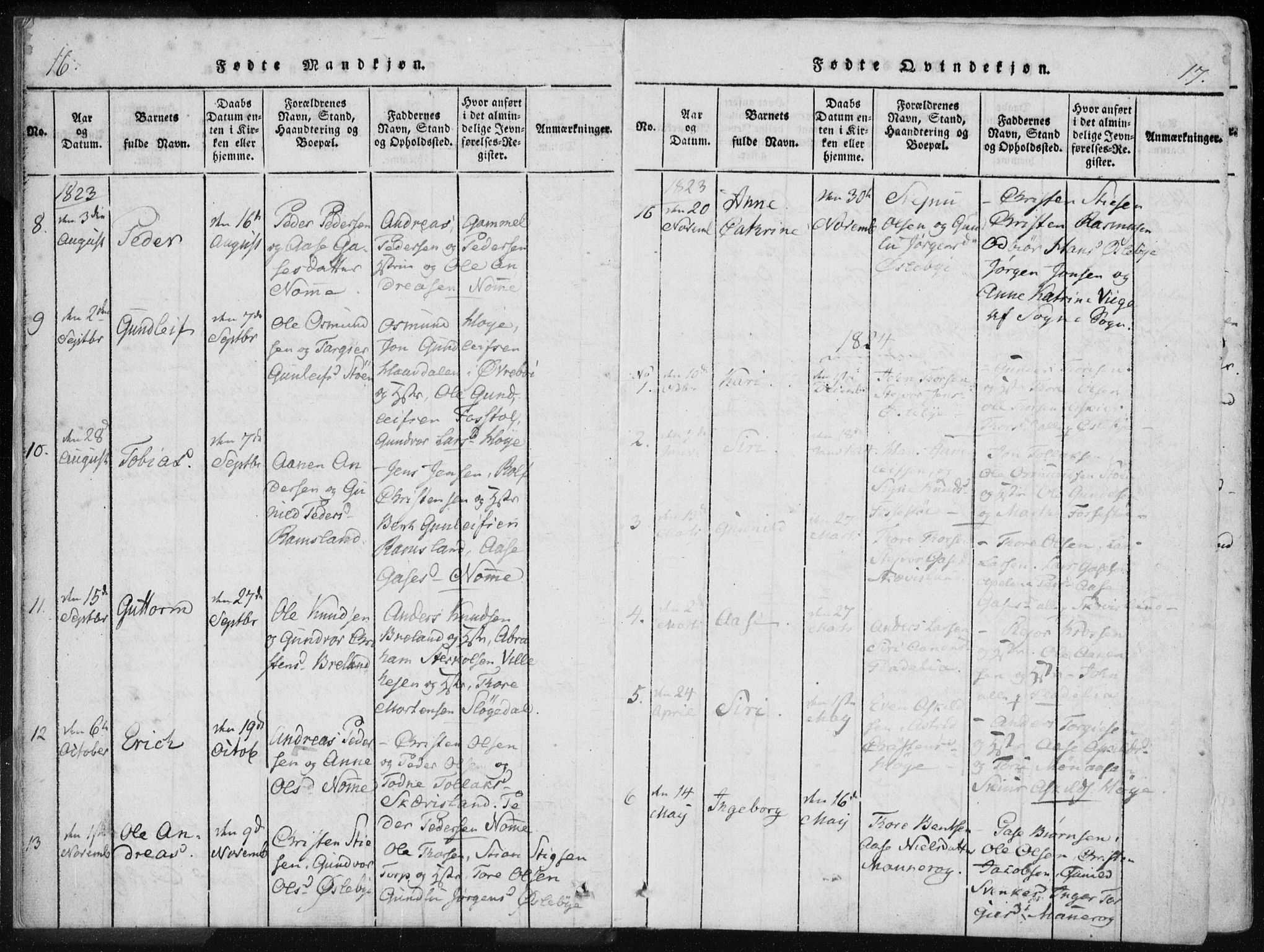Holum sokneprestkontor, SAK/1111-0022/F/Fa/Fac/L0002: Parish register (official) no. A 2, 1821-1859, p. 16-17