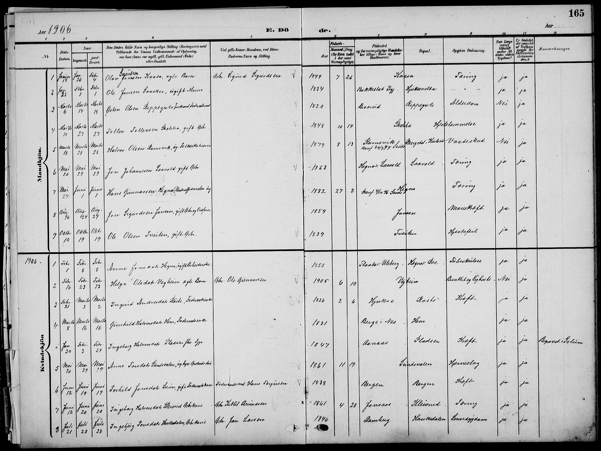 Sauherad kirkebøker, SAKO/A-298/G/Ga/L0004a: Parish register (copy) no. I 4a, 1906-1934, p. 165