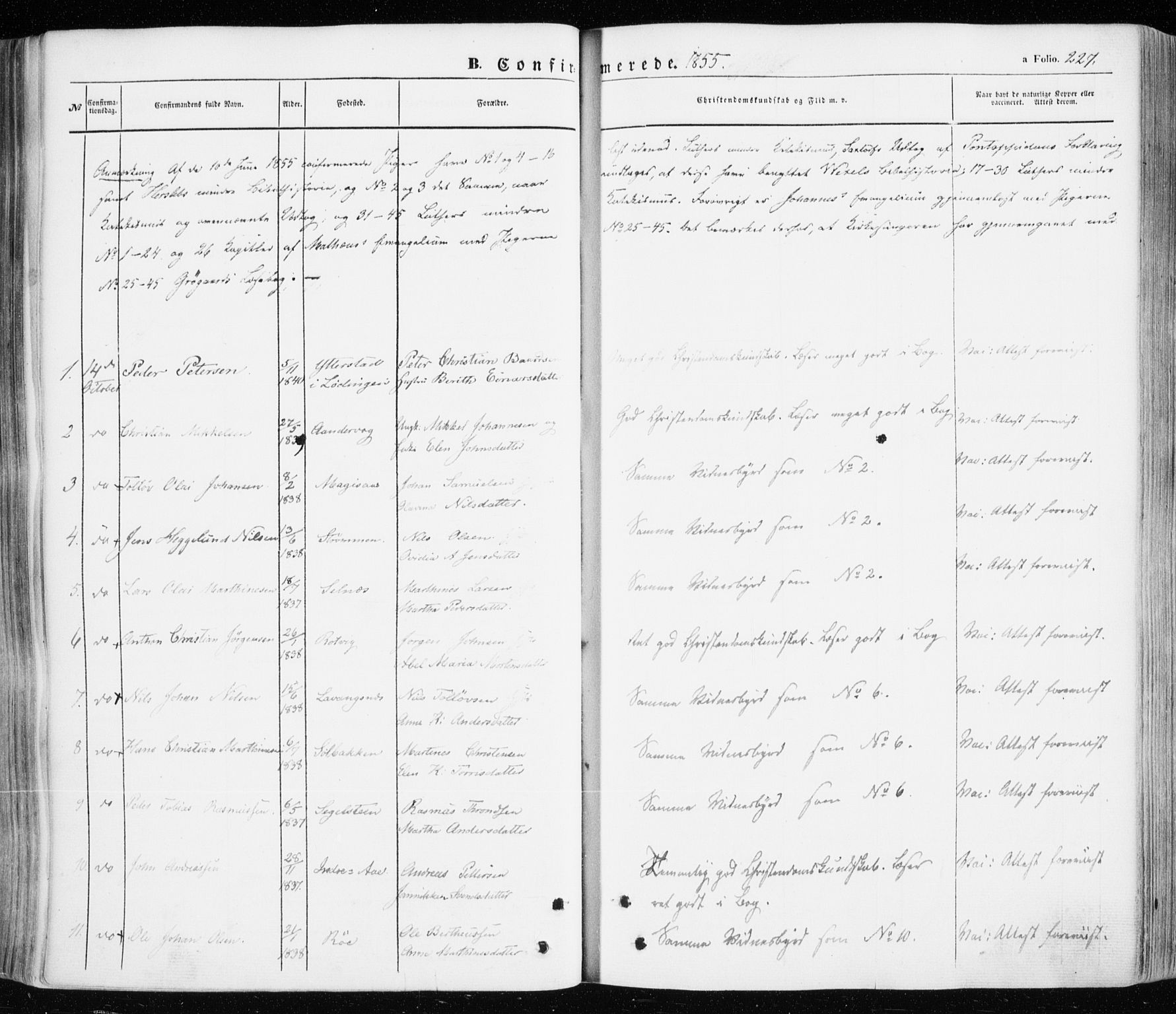 Ibestad sokneprestembete, AV/SATØ-S-0077/H/Ha/Haa/L0008kirke: Parish register (official) no. 8, 1850-1859, p. 227