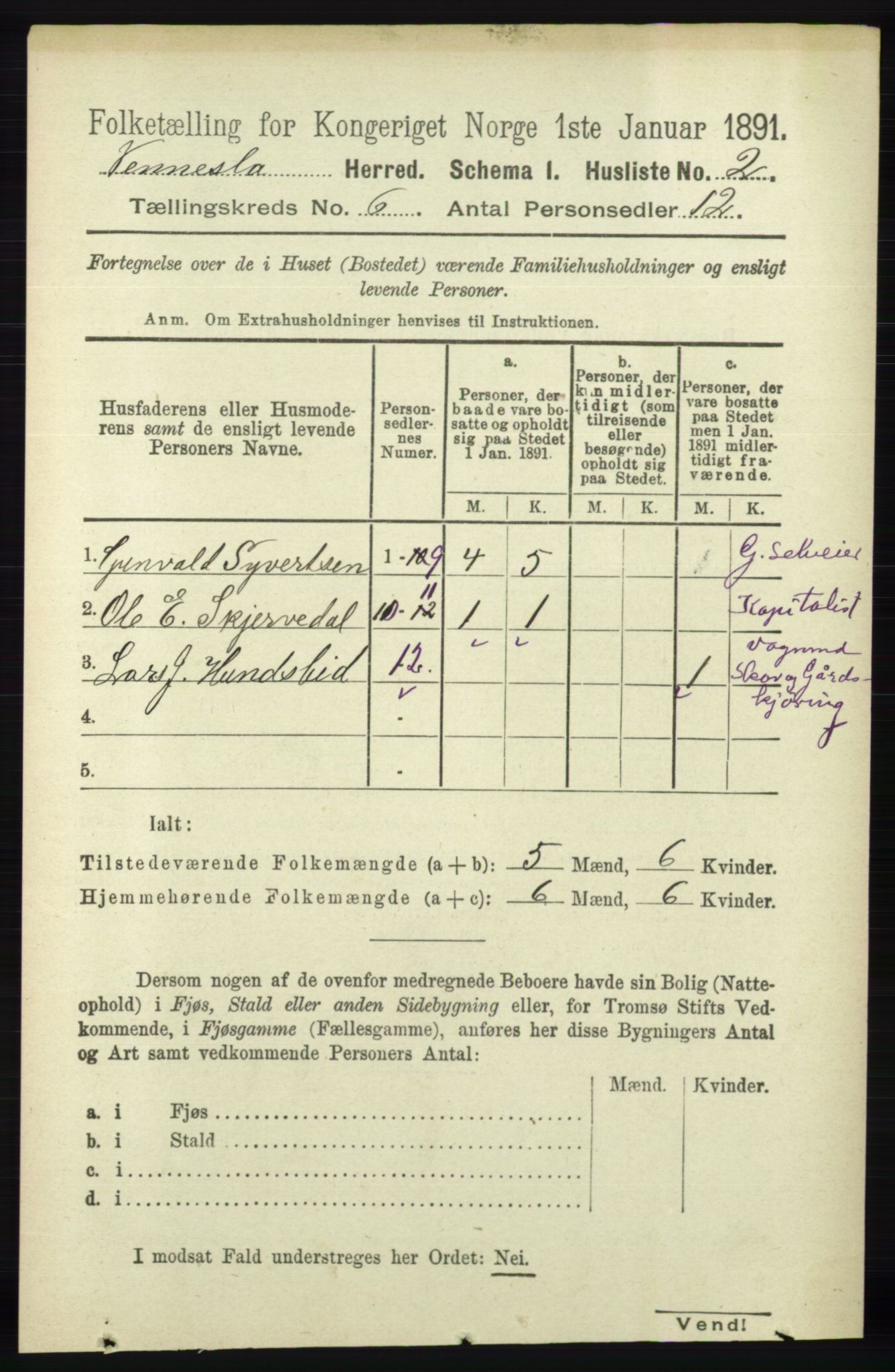 RA, 1891 census for 1014 Vennesla, 1891, p. 1555