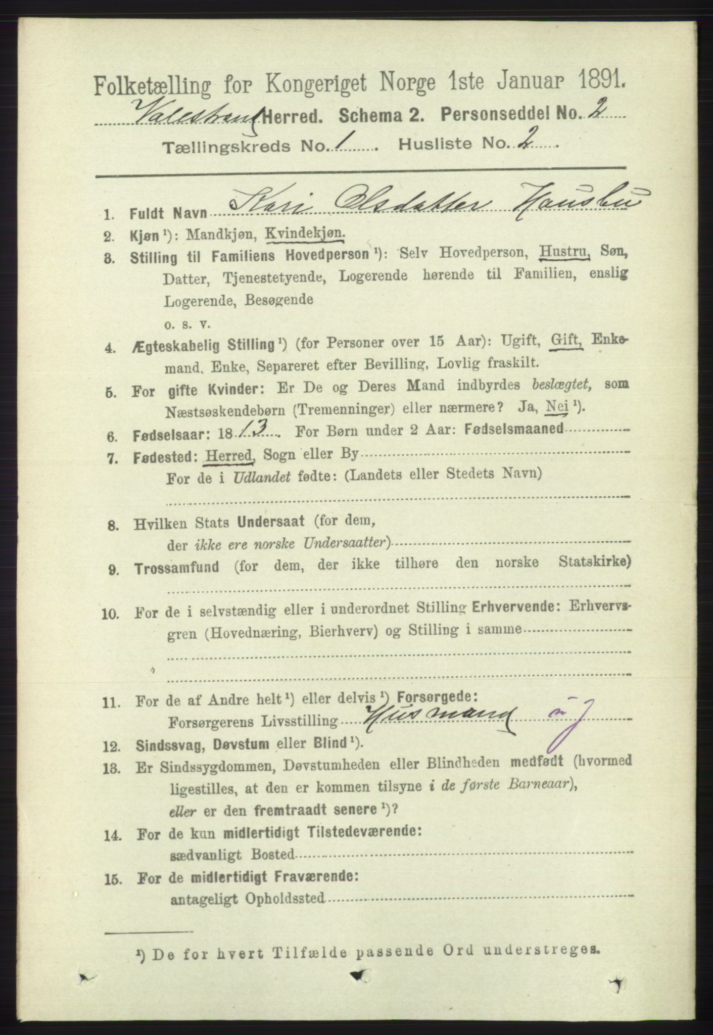 RA, 1891 census for 1217 Valestrand, 1891, p. 62