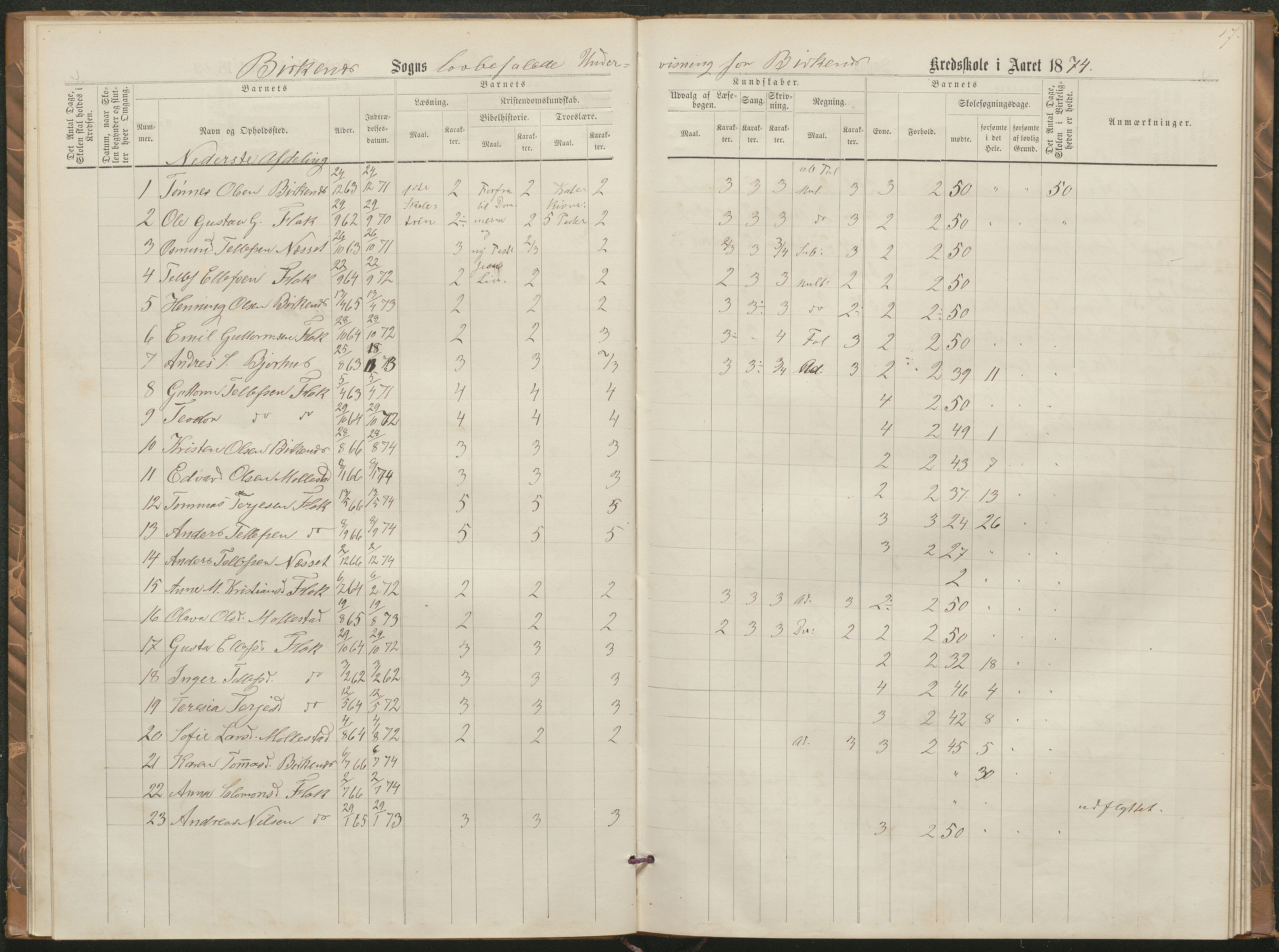 Birkenes kommune, Birkenes krets/Birkeland folkeskole frem til 1991, AAKS/KA0928-550a_91/F02/L0002: Skoleprotokoll, 1866-1878, p. 15