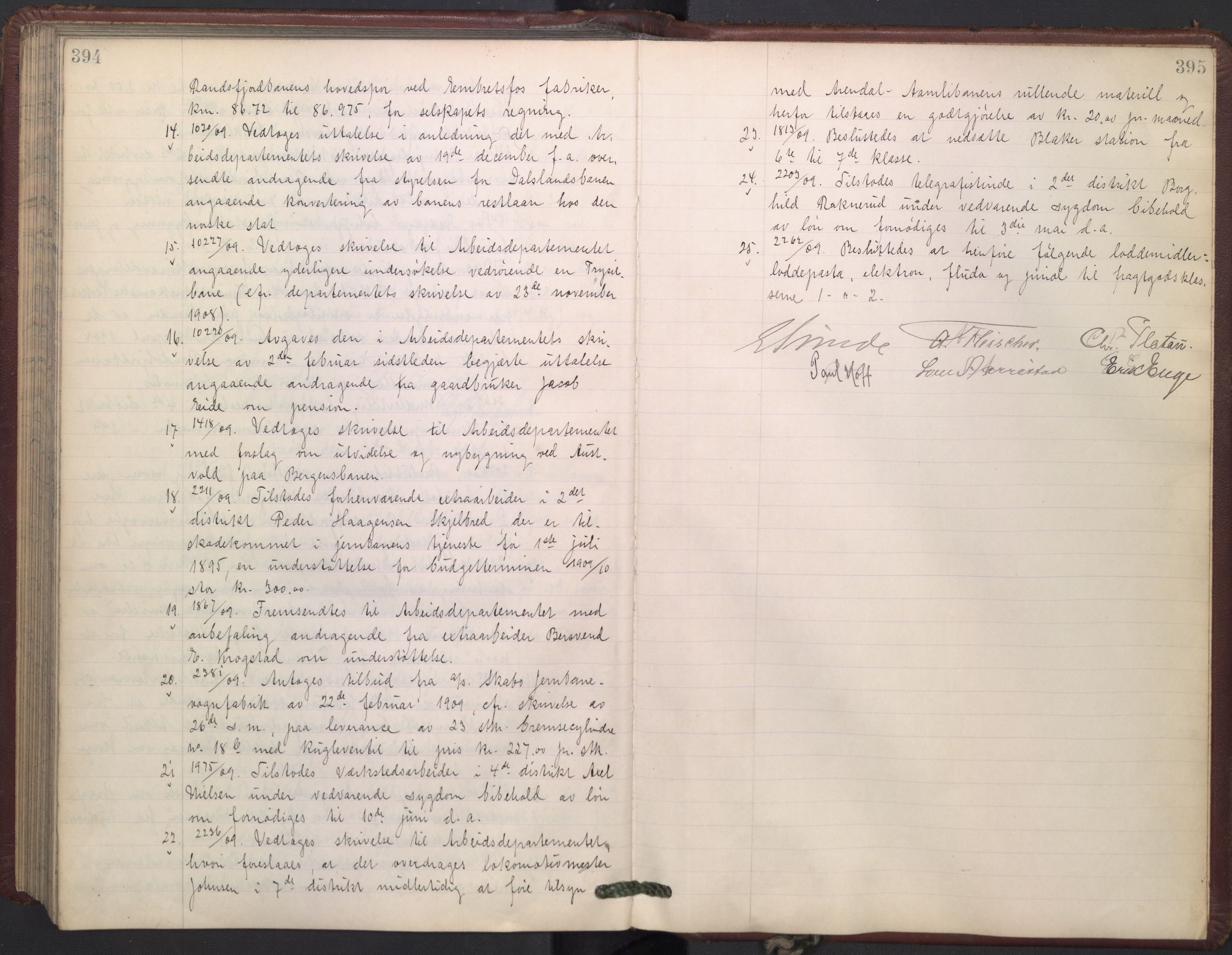 Norges statsbaner, Administrasjons- økonomi- og personalavdelingen, AV/RA-S-3412/A/Aa/L0009: Forhandlingsprotokoll, 1907-1909, p. 394-395