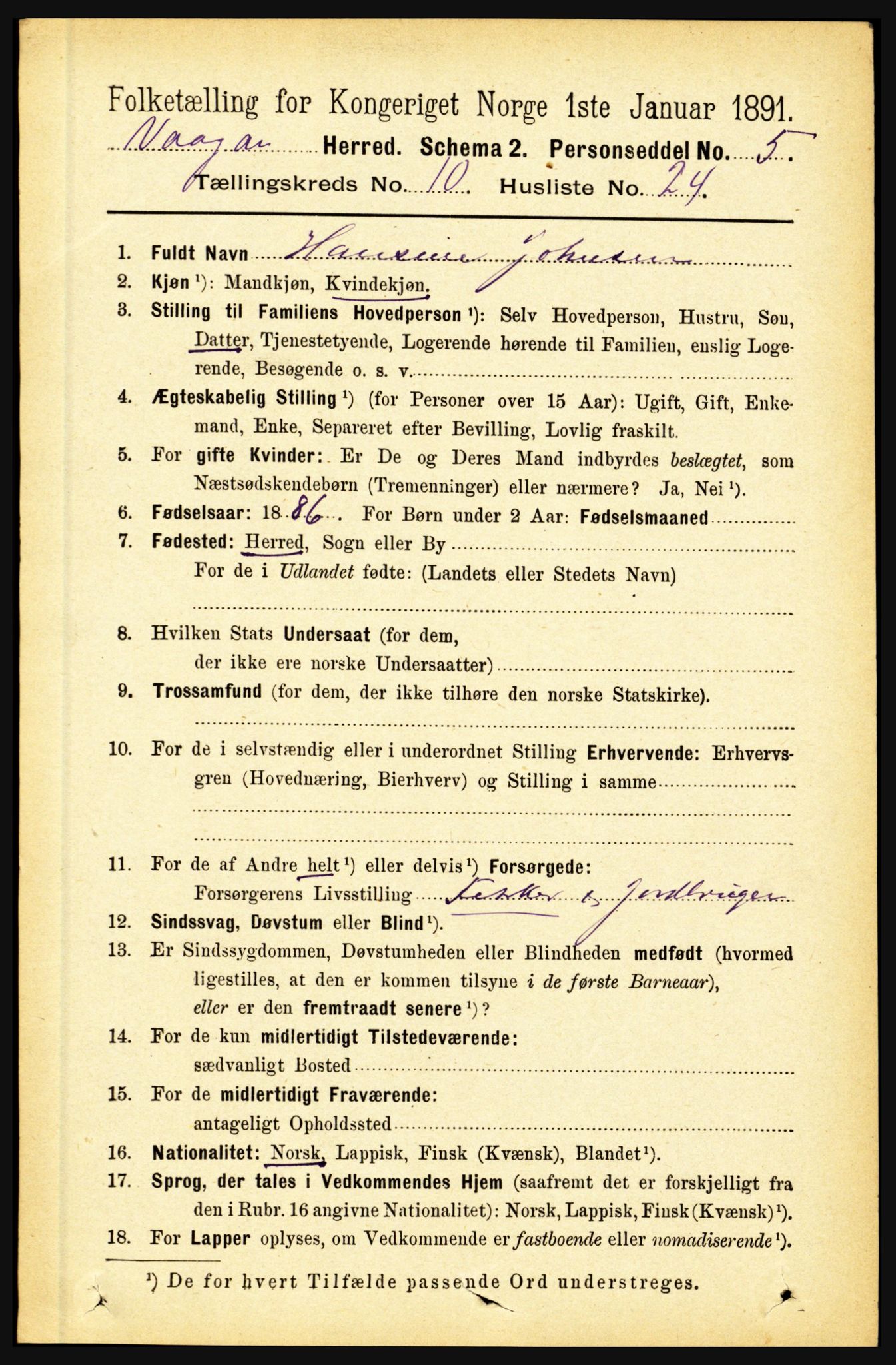 RA, 1891 census for 1865 Vågan, 1891, p. 2700