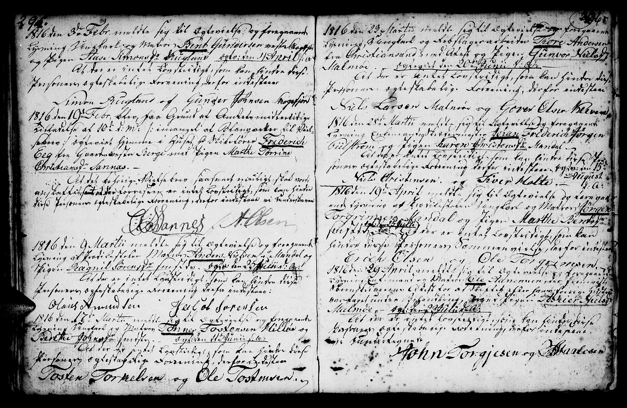 Mandal sokneprestkontor, AV/SAK-1111-0030/F/Fa/Faa/L0007: Parish register (official) no. A 7, 1783-1818, p. 295-296