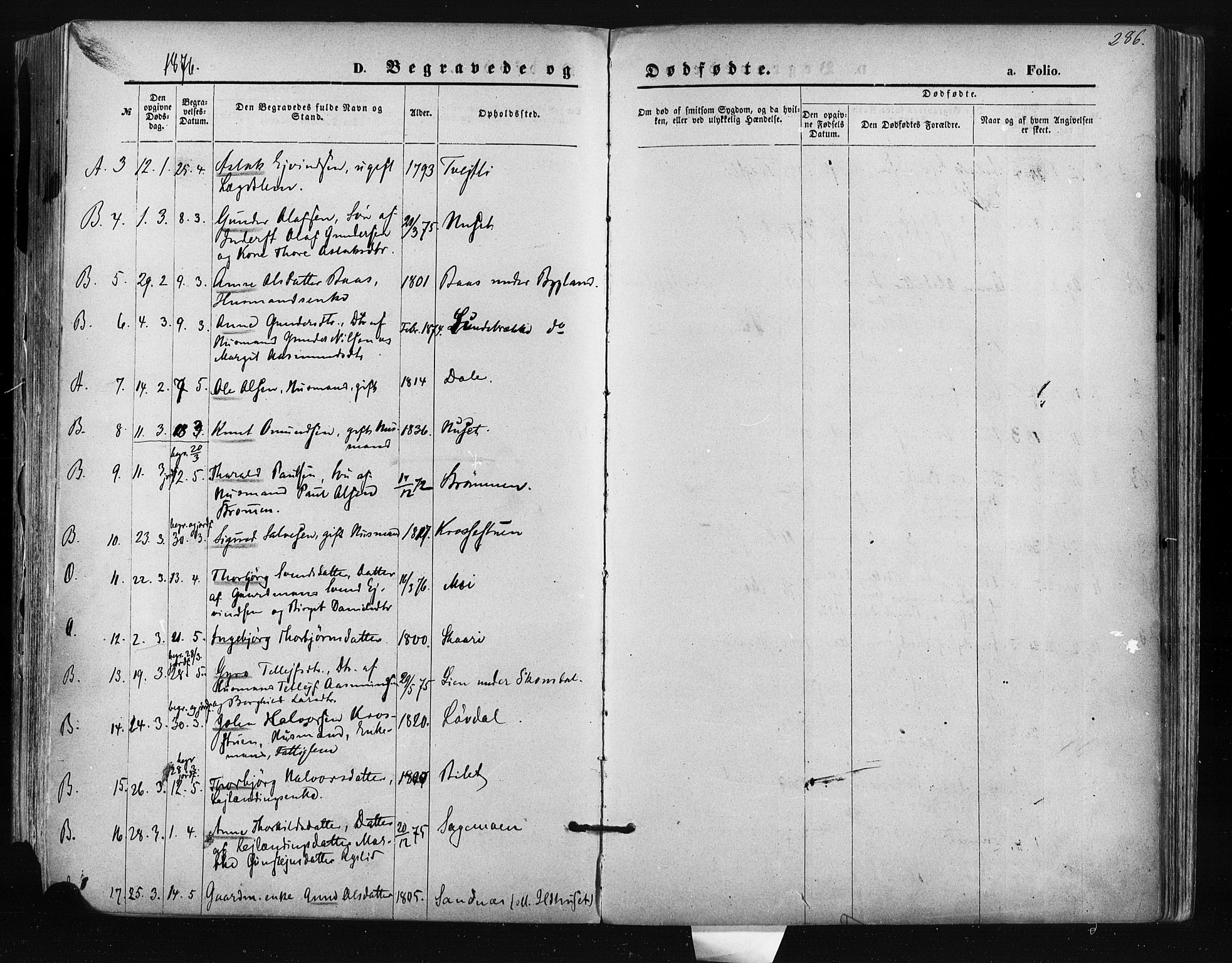 Bygland sokneprestkontor, SAK/1111-0006/F/Fa/Fab/L0006: Parish register (official) no. A 6, 1873-1884, p. 286