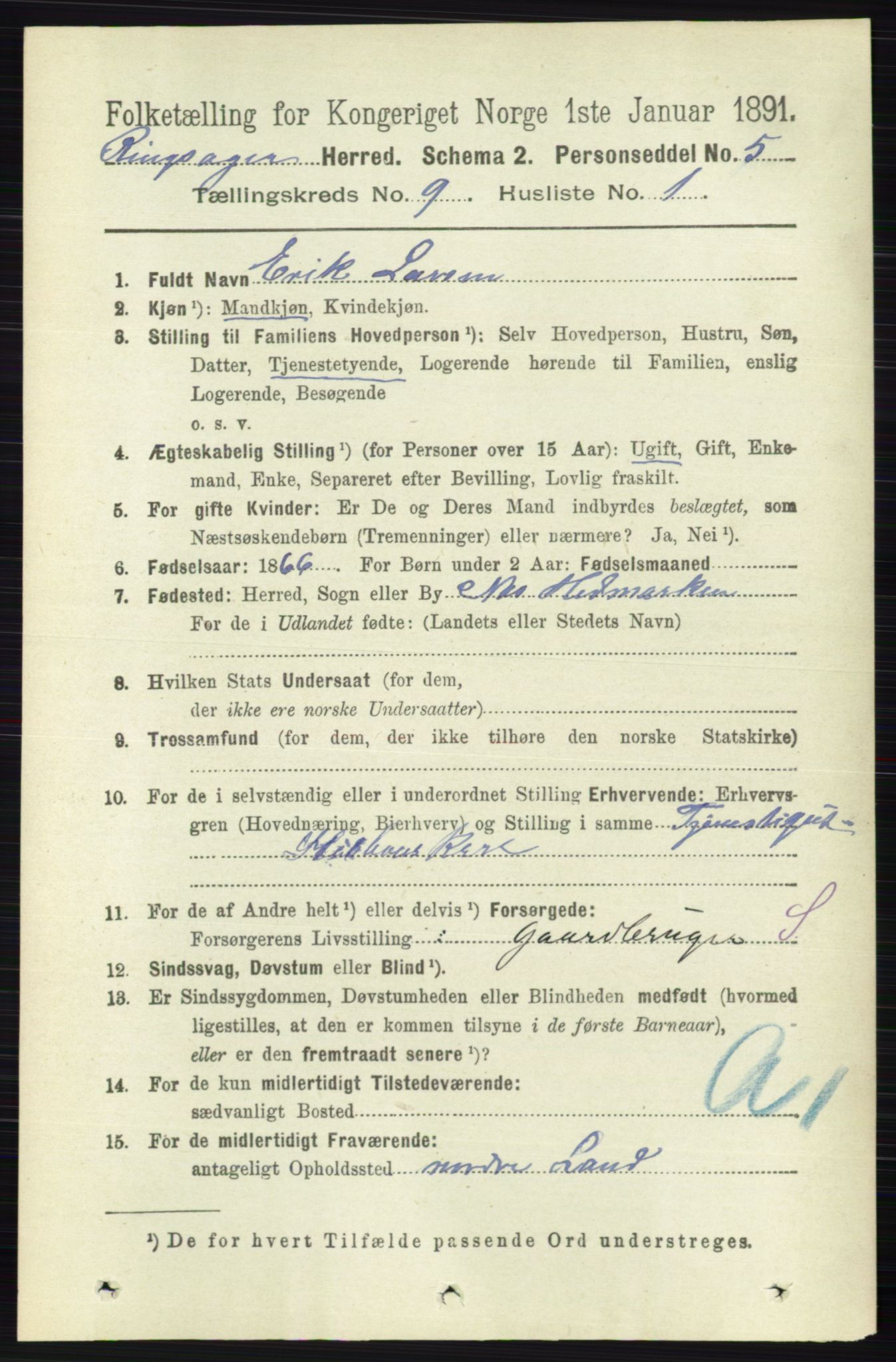 RA, 1891 census for 0412 Ringsaker, 1891, p. 5052