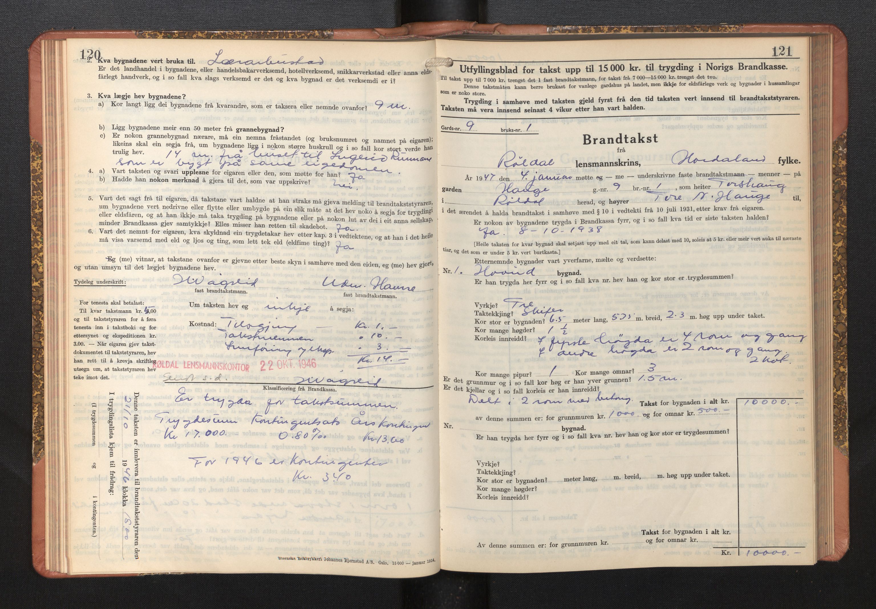 Lensmannen i Røldal, AV/SAB-A-34501/0012/L0004: Branntakstprotokoll, skjematakst, 1936-1950, p. 120-121