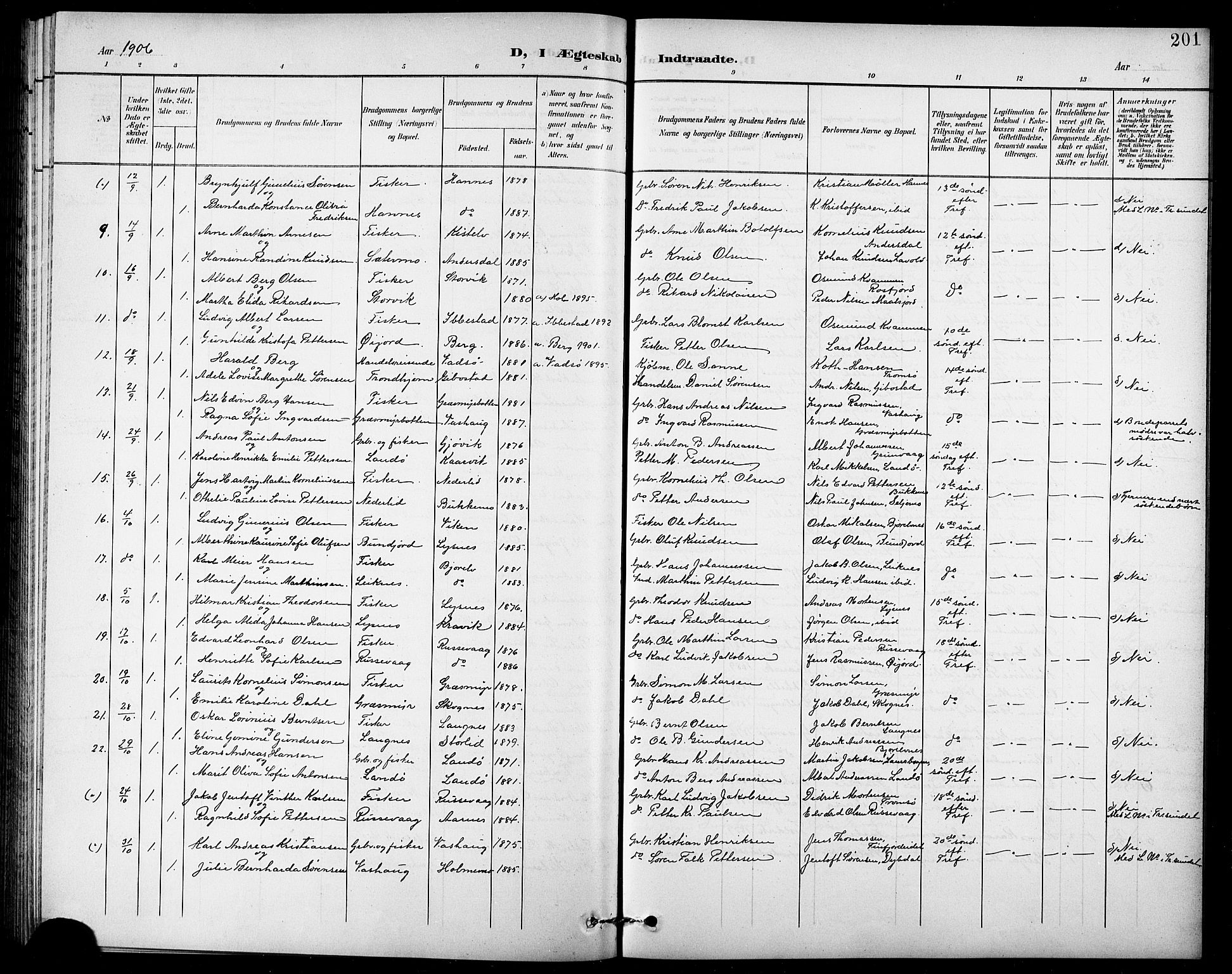 Lenvik sokneprestembete, AV/SATØ-S-1310/H/Ha/Hab/L0008klokker: Parish register (copy) no. 8, 1899-1911, p. 201