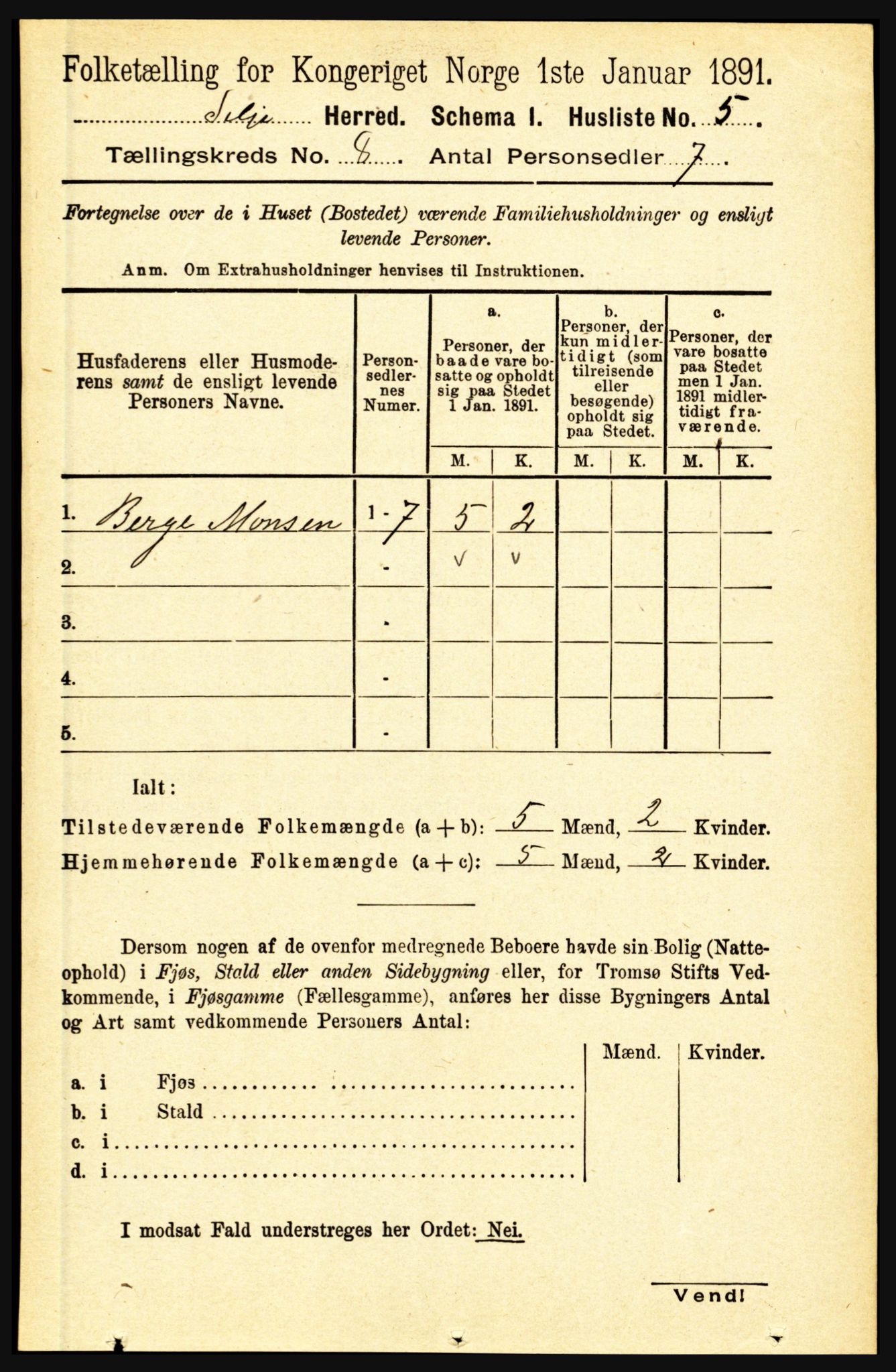 RA, 1891 census for 1441 Selje, 1891, p. 2325