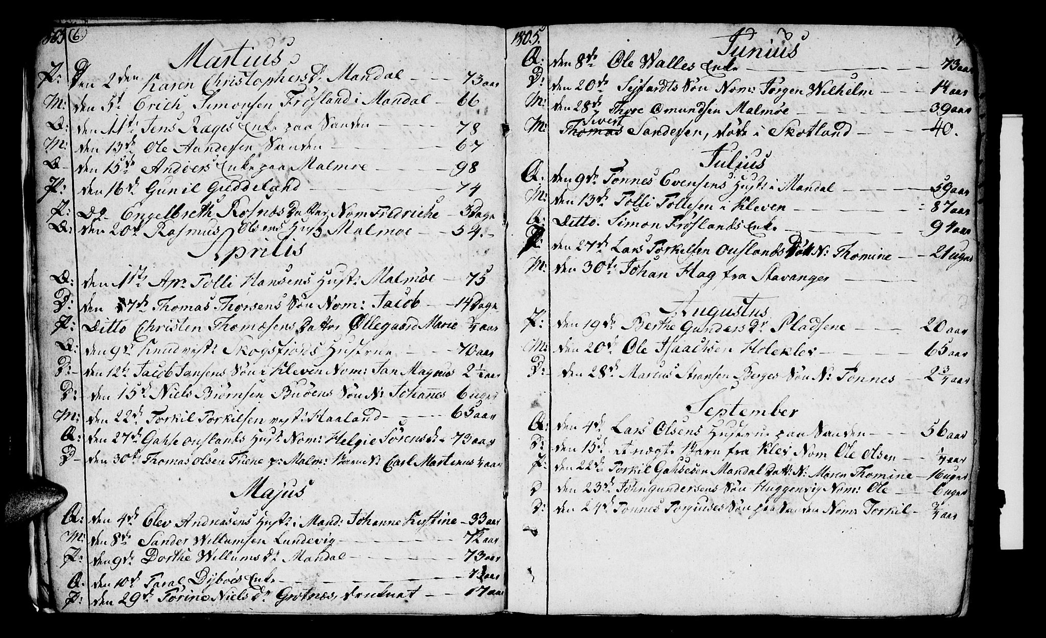 Mandal sokneprestkontor, SAK/1111-0030/F/Fa/Faa/L0009: Parish register (official) no. A 9, 1804-1818, p. 6-7