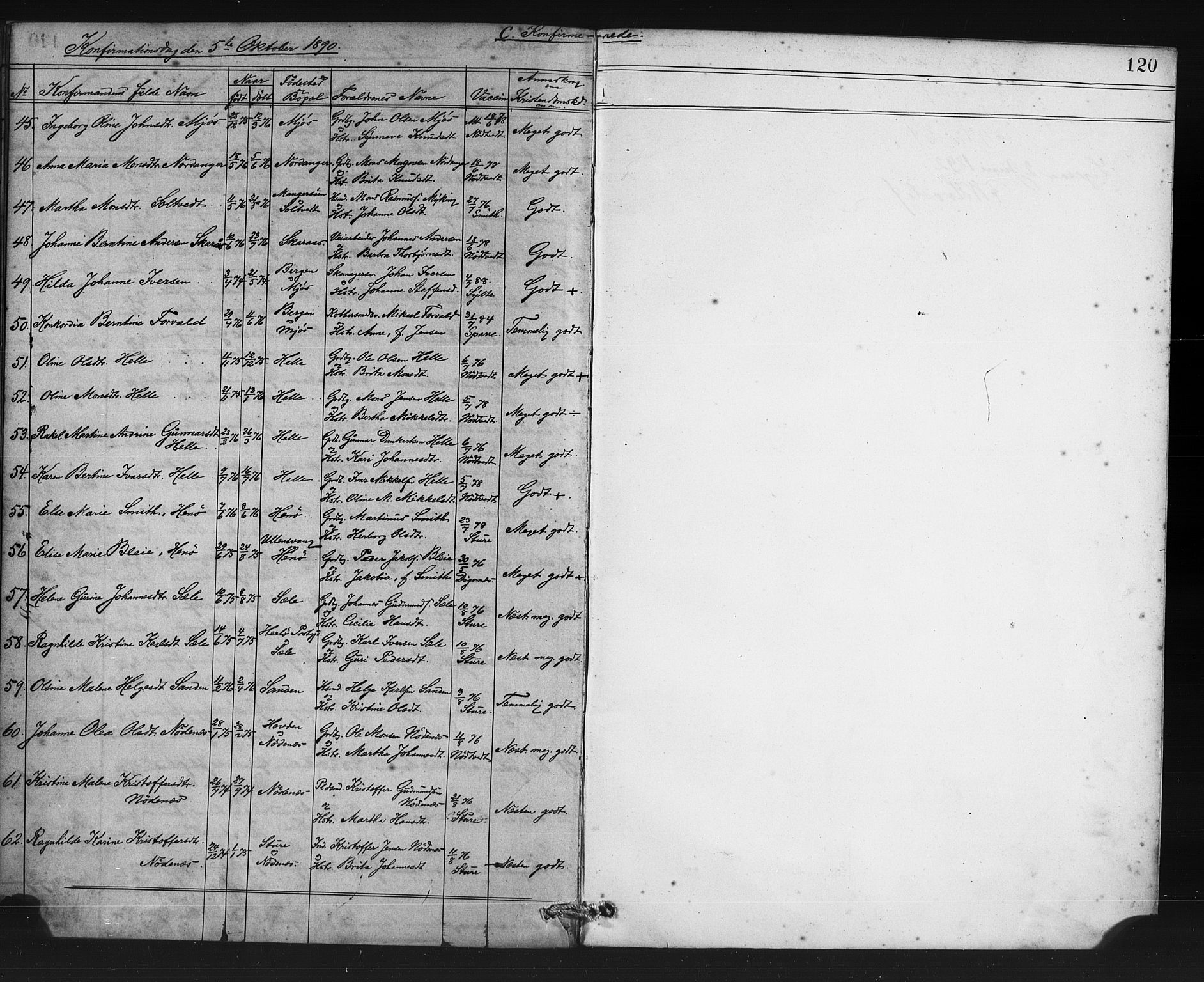 Manger sokneprestembete, SAB/A-76801/H/Haa: Parish register (official) no. C 1, 1881-1890, p. 120