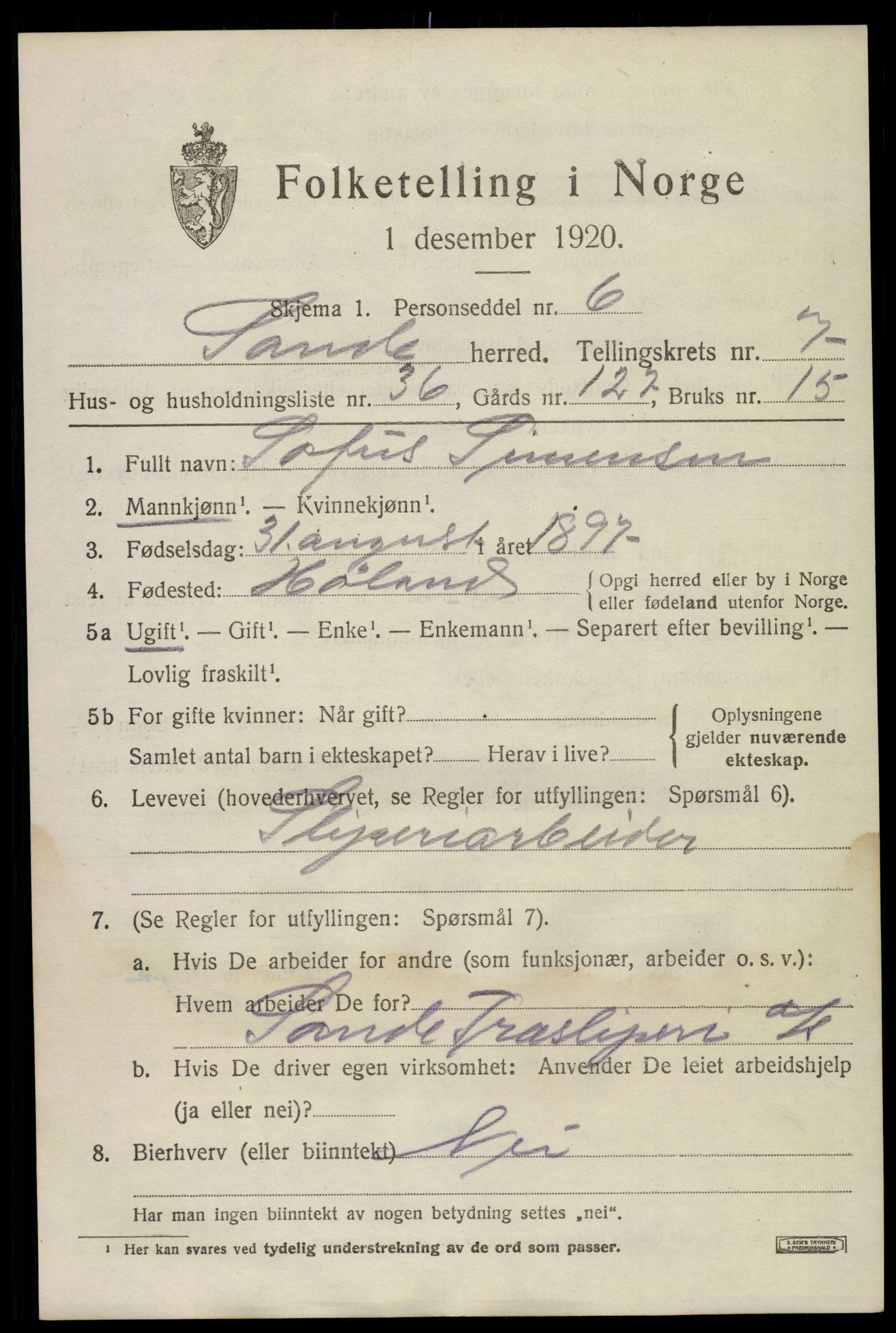 SAKO, 1920 census for Sande, 1920, p. 8442