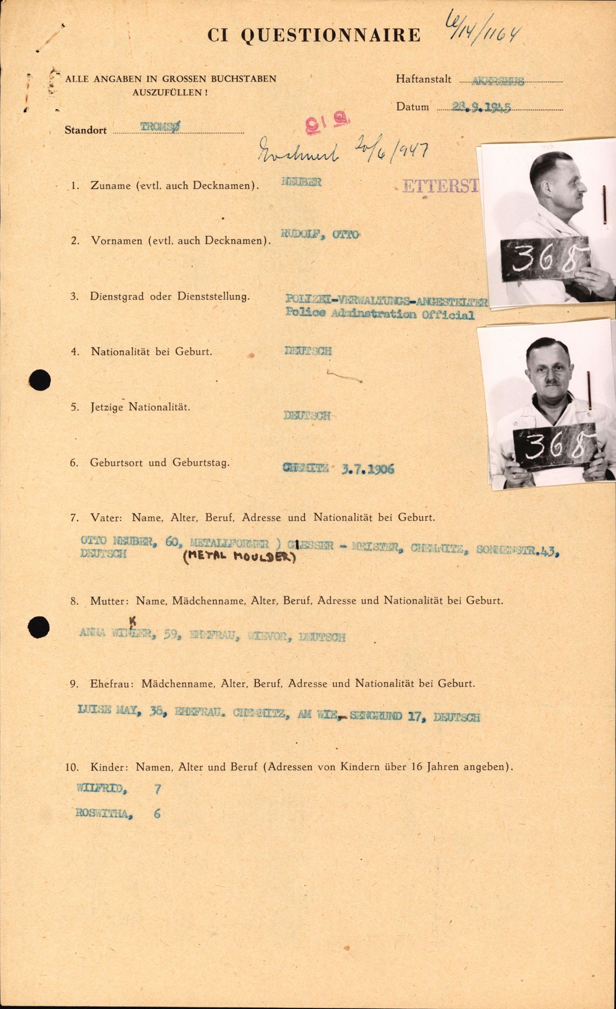 Forsvaret, Forsvarets overkommando II, AV/RA-RAFA-3915/D/Db/L0024: CI Questionaires. Tyske okkupasjonsstyrker i Norge. Tyskere., 1945-1946, p. 10