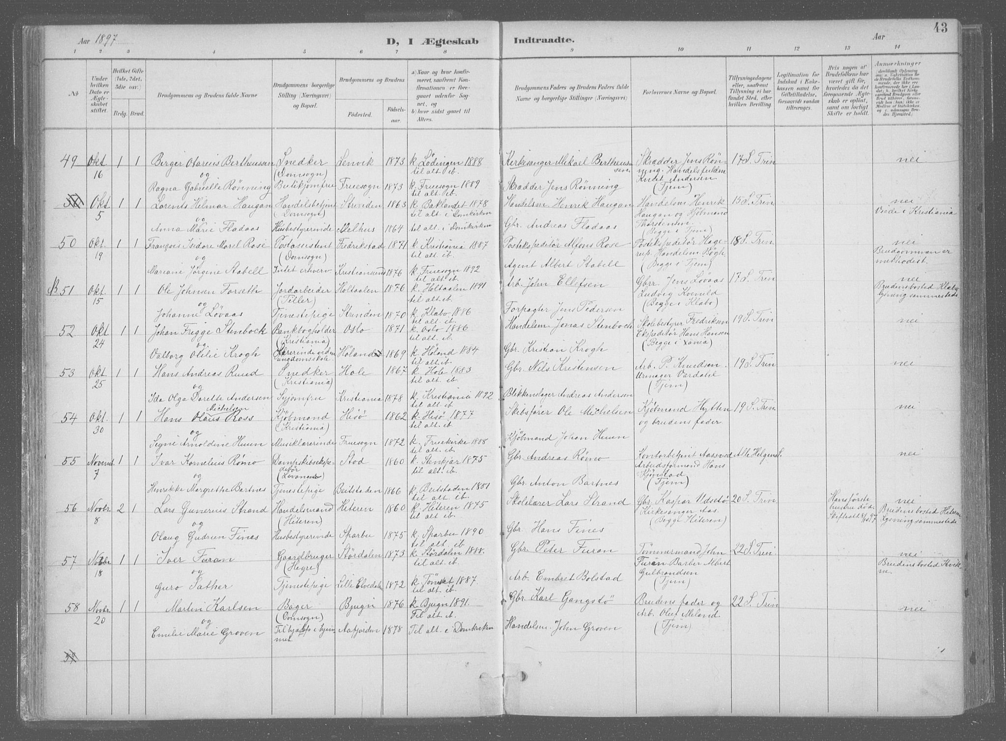 Ministerialprotokoller, klokkerbøker og fødselsregistre - Sør-Trøndelag, AV/SAT-A-1456/601/L0064: Parish register (official) no. 601A31, 1891-1911, p. 43