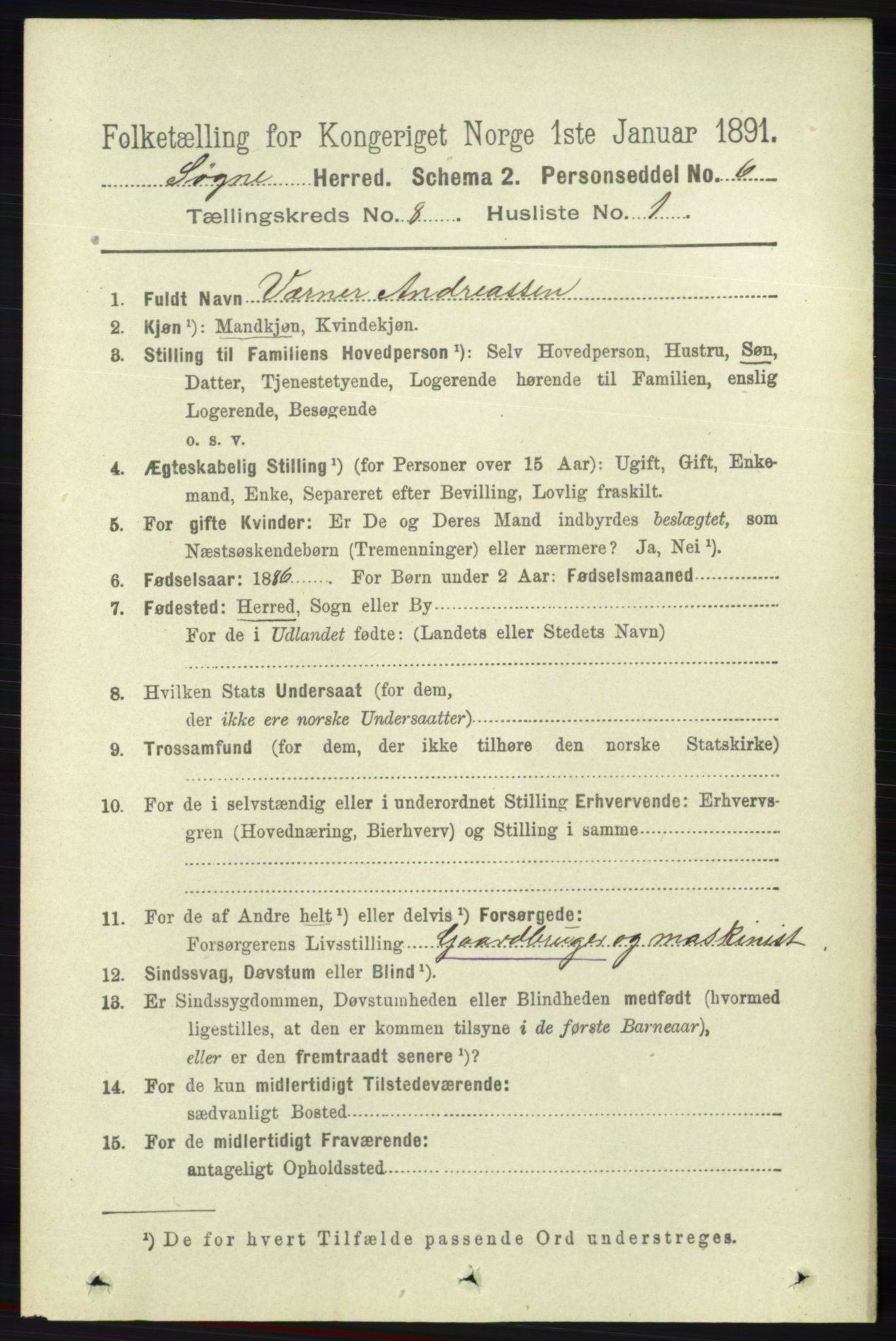 RA, 1891 census for 1018 Søgne, 1891, p. 2216