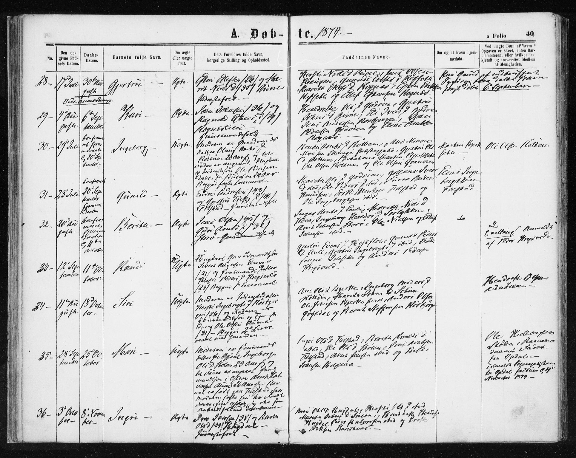 Ministerialprotokoller, klokkerbøker og fødselsregistre - Sør-Trøndelag, SAT/A-1456/687/L1001: Parish register (official) no. 687A07, 1863-1878, p. 40