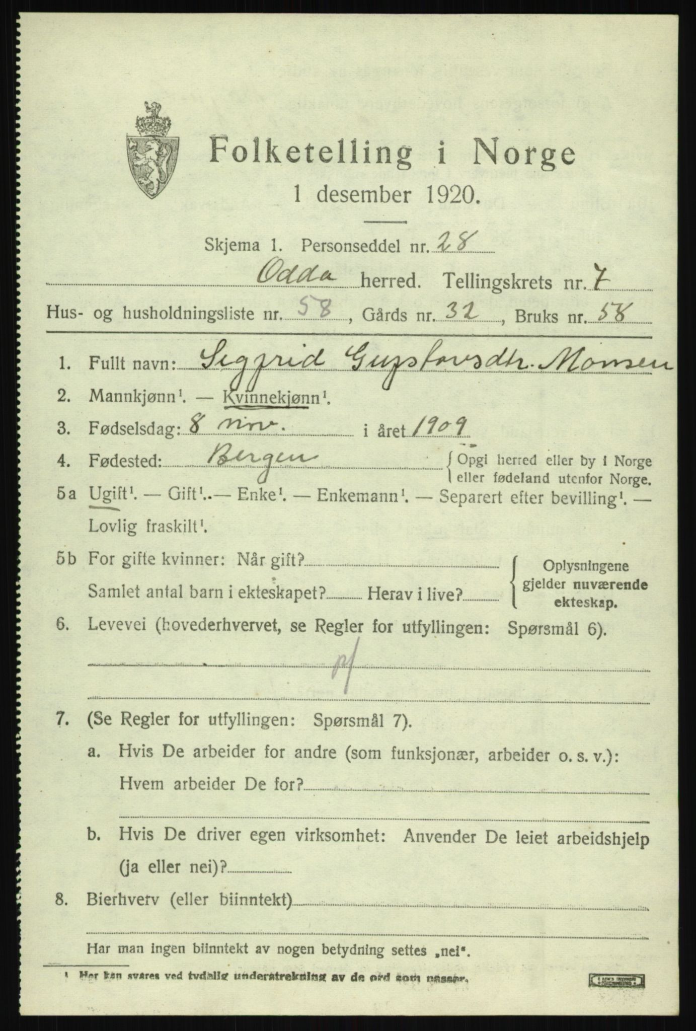 SAB, 1920 census for Odda, 1920, p. 6389