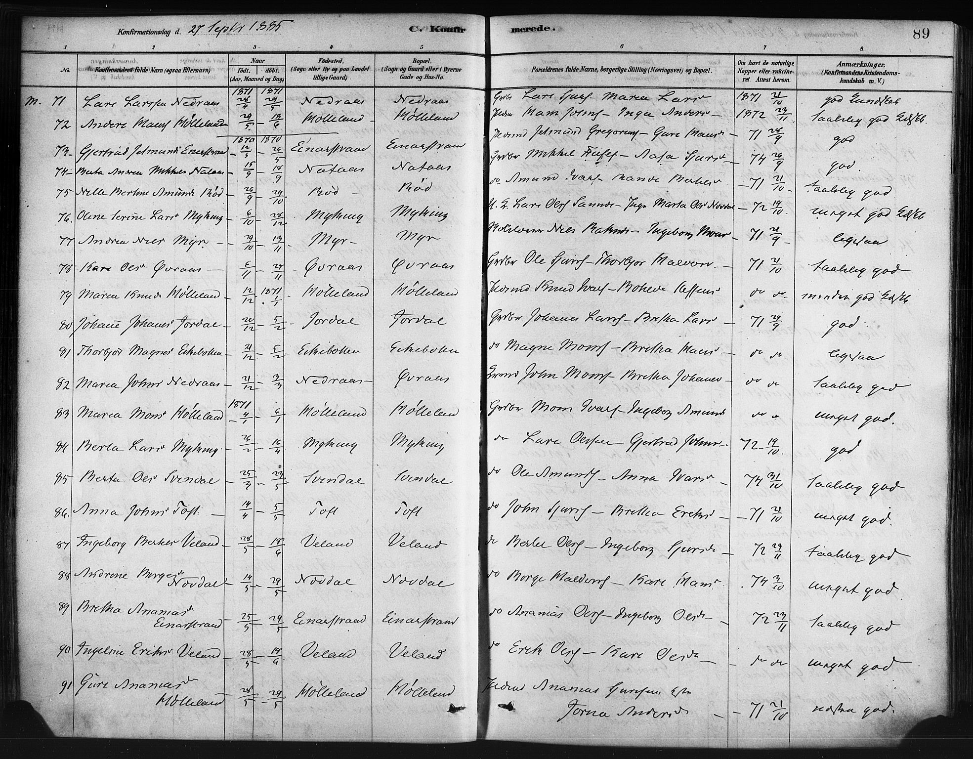 Lindås Sokneprestembete, SAB/A-76701/H/Haa: Parish register (official) no. A 19, 1878-1912, p. 89