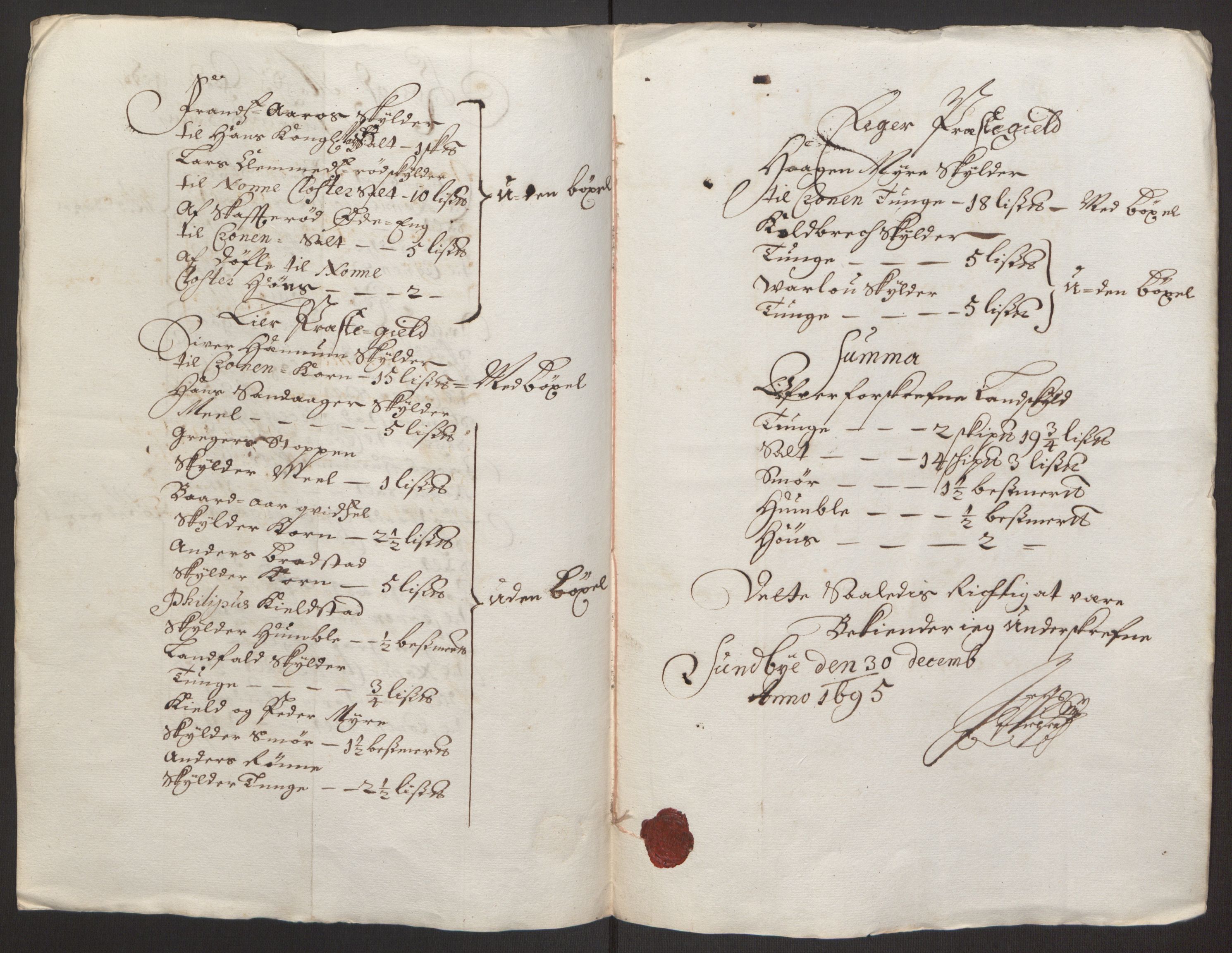 Rentekammeret inntil 1814, Reviderte regnskaper, Fogderegnskap, AV/RA-EA-4092/R30/L1694: Fogderegnskap Hurum, Røyken, Eiker og Lier, 1694-1696, p. 165
