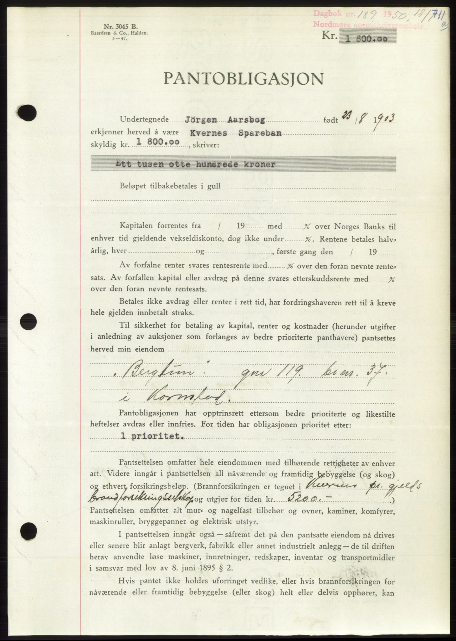 Nordmøre sorenskriveri, AV/SAT-A-4132/1/2/2Ca: Mortgage book no. B103, 1949-1950, Diary no: : 189/1950