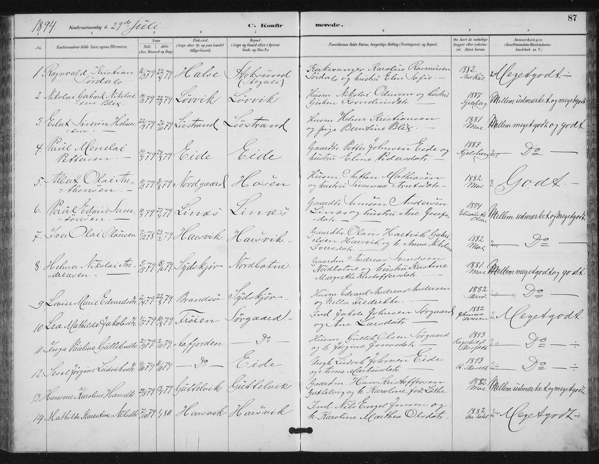 Ministerialprotokoller, klokkerbøker og fødselsregistre - Sør-Trøndelag, SAT/A-1456/656/L0698: Parish register (copy) no. 656C04, 1890-1904, p. 87