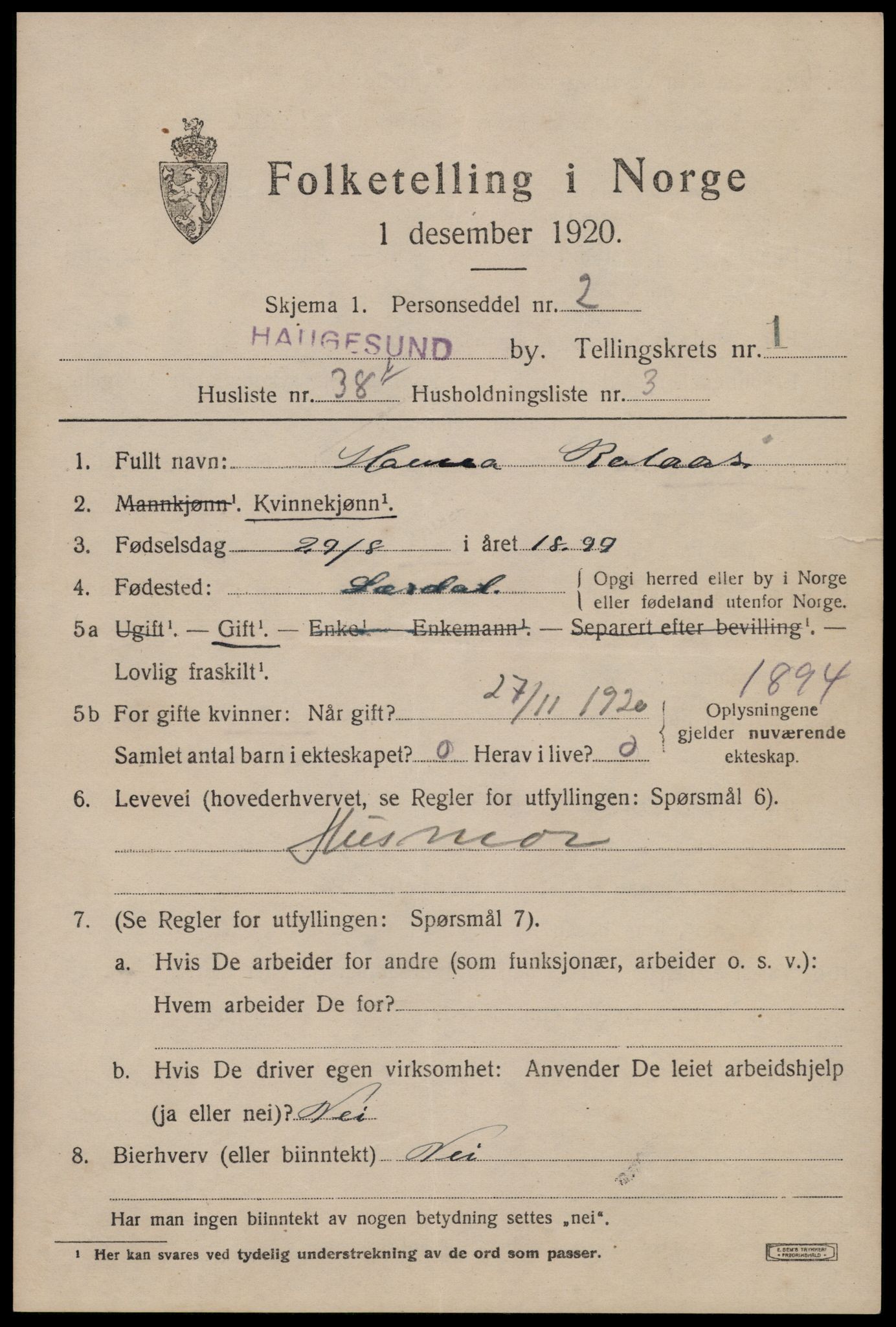 SAST, 1920 census for Haugesund, 1920, p. 12125