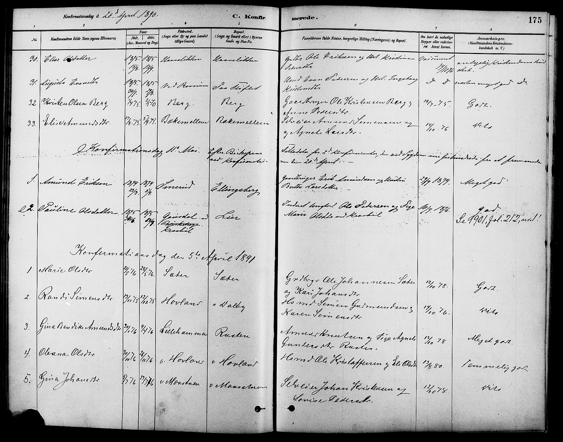 Fåberg prestekontor, SAH/PREST-086/H/Ha/Haa/L0008: Parish register (official) no. 8, 1879-1898, p. 175