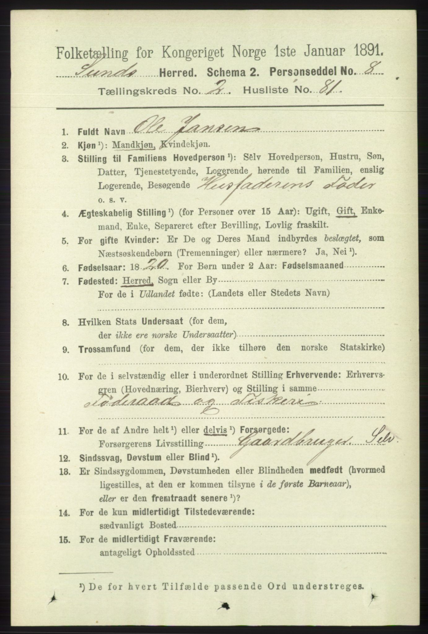 RA, 1891 census for 1245 Sund, 1891, p. 1116