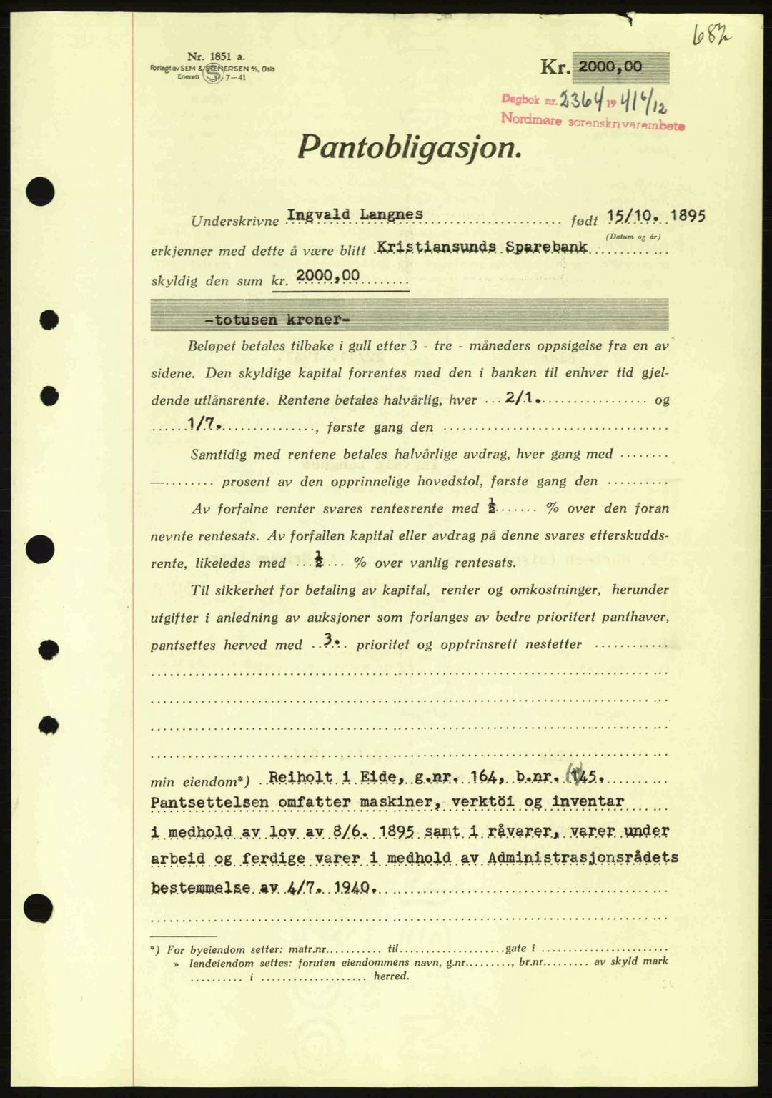 Nordmøre sorenskriveri, AV/SAT-A-4132/1/2/2Ca: Mortgage book no. B88, 1941-1942, Diary no: : 2364/1941