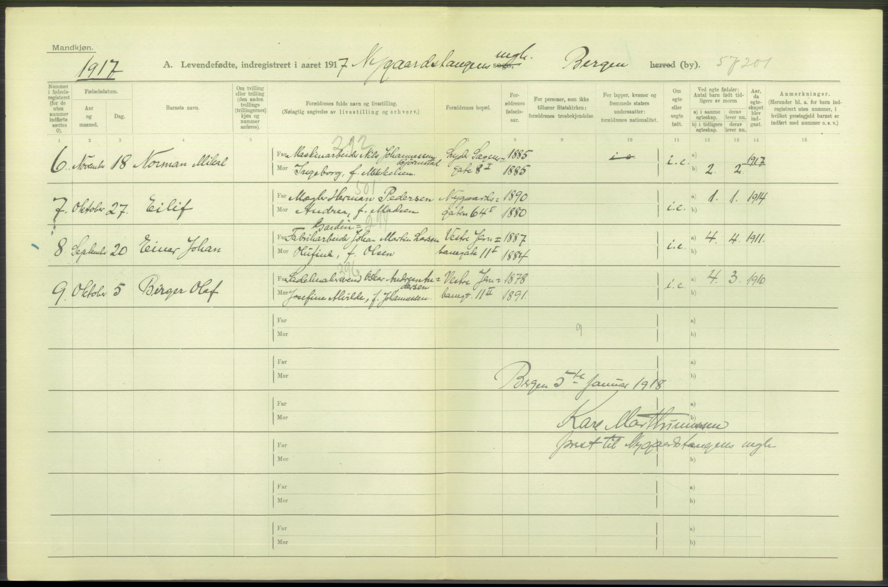 Statistisk sentralbyrå, Sosiodemografiske emner, Befolkning, RA/S-2228/D/Df/Dfb/Dfbg/L0037: Bergen: Levendefødte menn og kvinner., 1917, p. 518